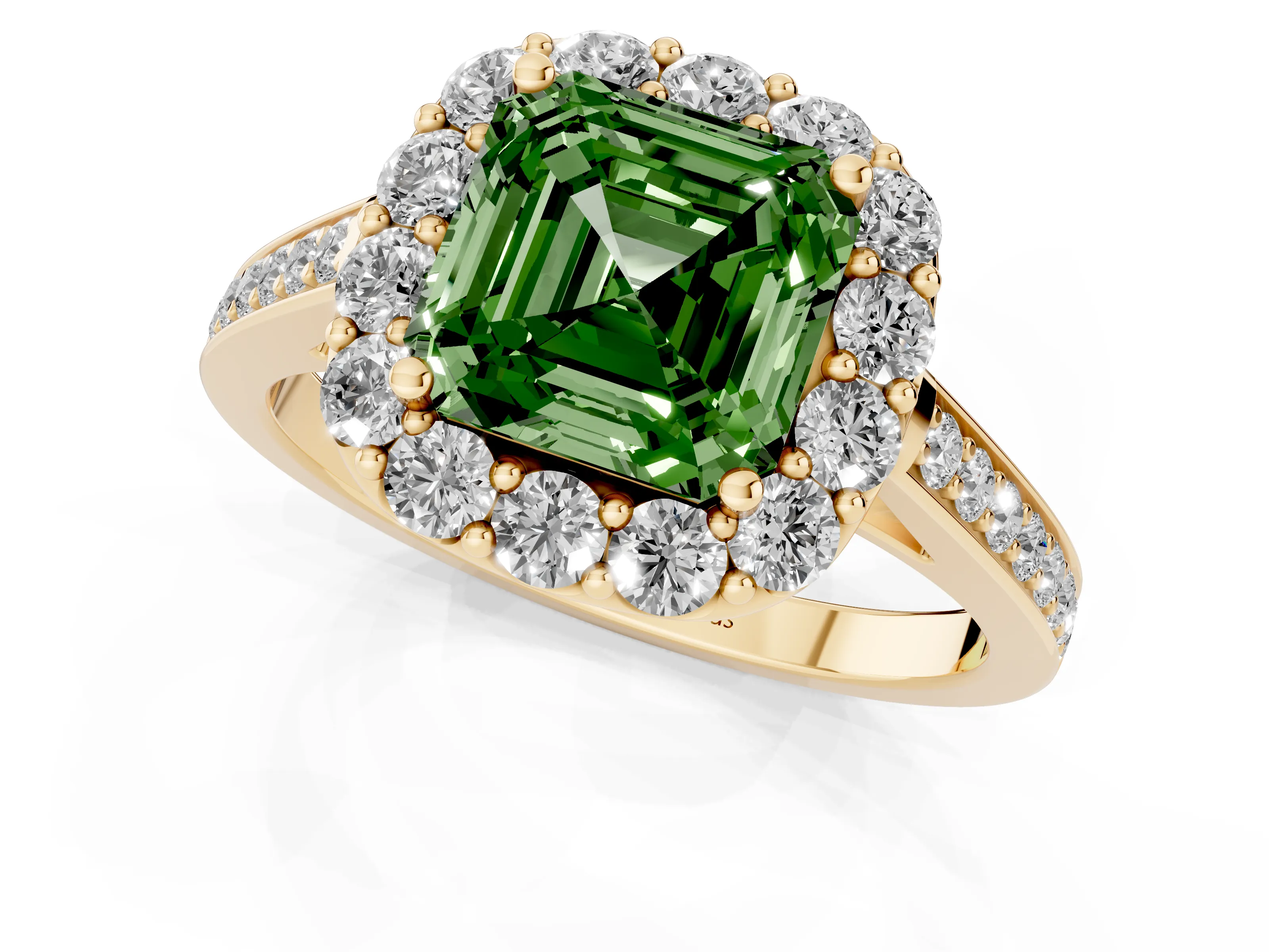 Fancy Green Asscher Cut Diamond Floral Halo Ring Set in Yellow gold with Pavé Band and Prong Setting