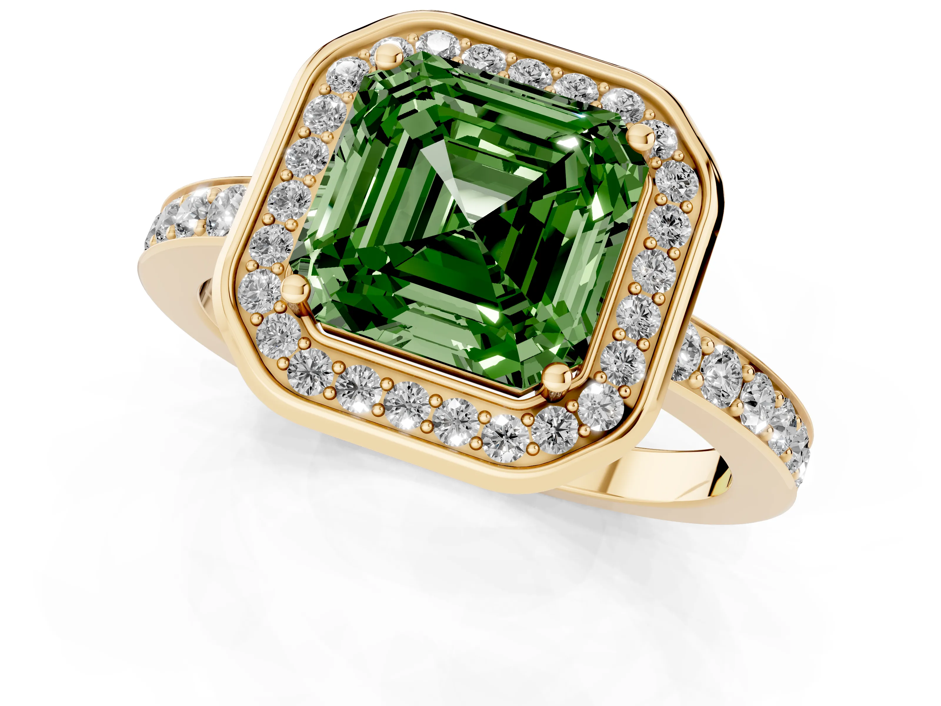 Fancy Green Asscher Cut Diamond Halo Ring Set in Yellow gold with Bezel Frame and Pavé Band