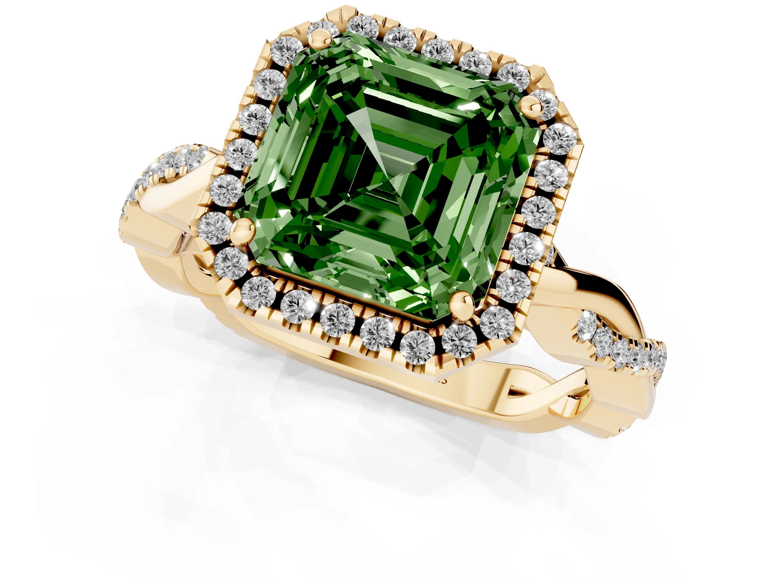 Fancy Green Asscher Cut Diamond Halo Twisted Band Ring Set in Yellow gold with Prong Setting