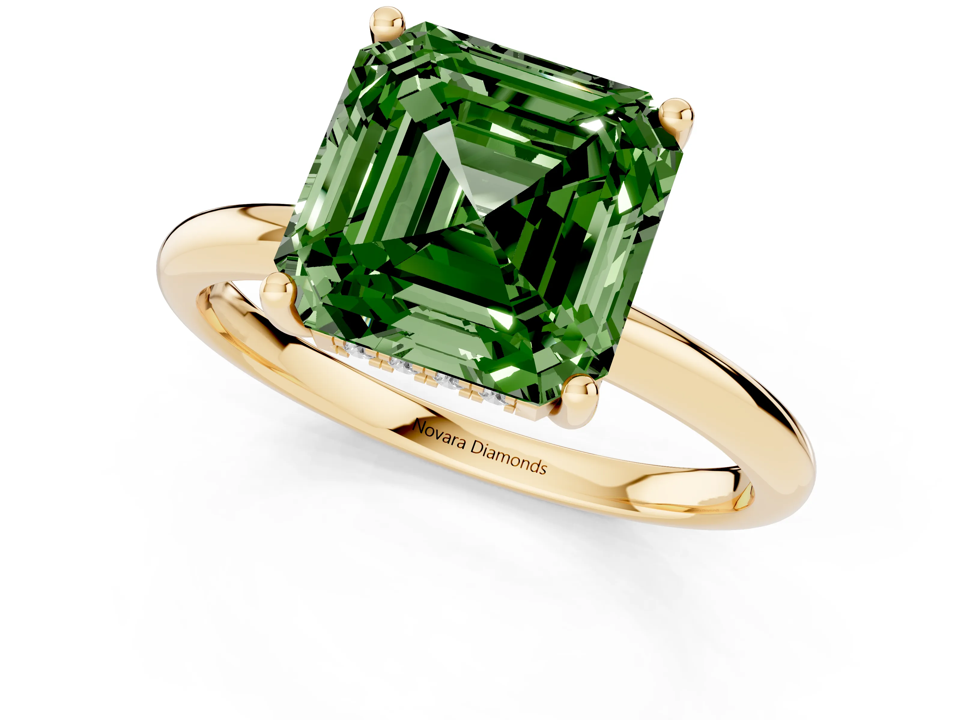 Fancy Green Asscher Cut Diamond Solitaire Engagement Ring Set in Yellow gold with Prong Setting and Polished Band