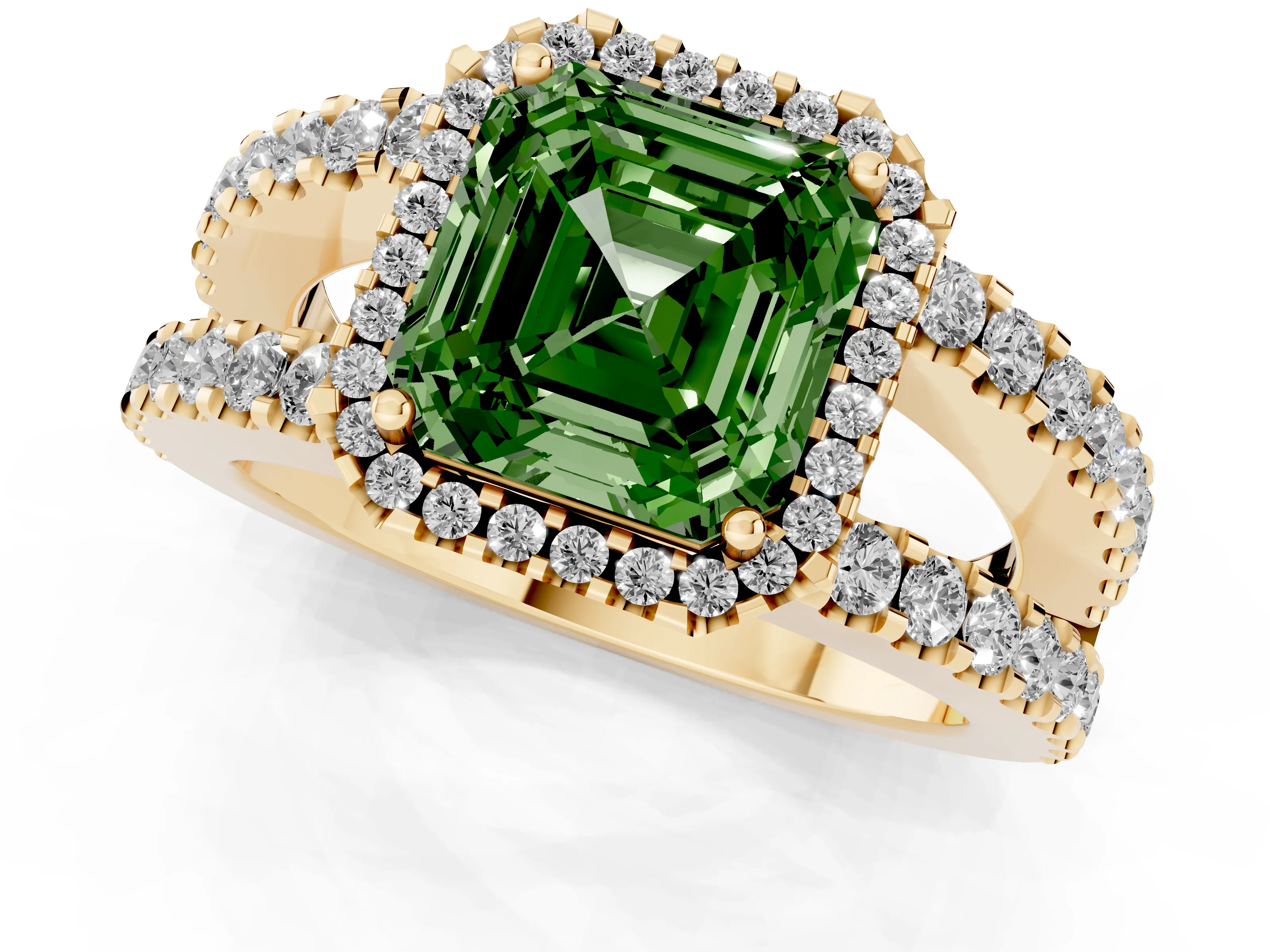 Fancy Green Asscher Cut Diamond Halo Ring Set in Yellow gold with Pavé Split Shank and Prong Setting