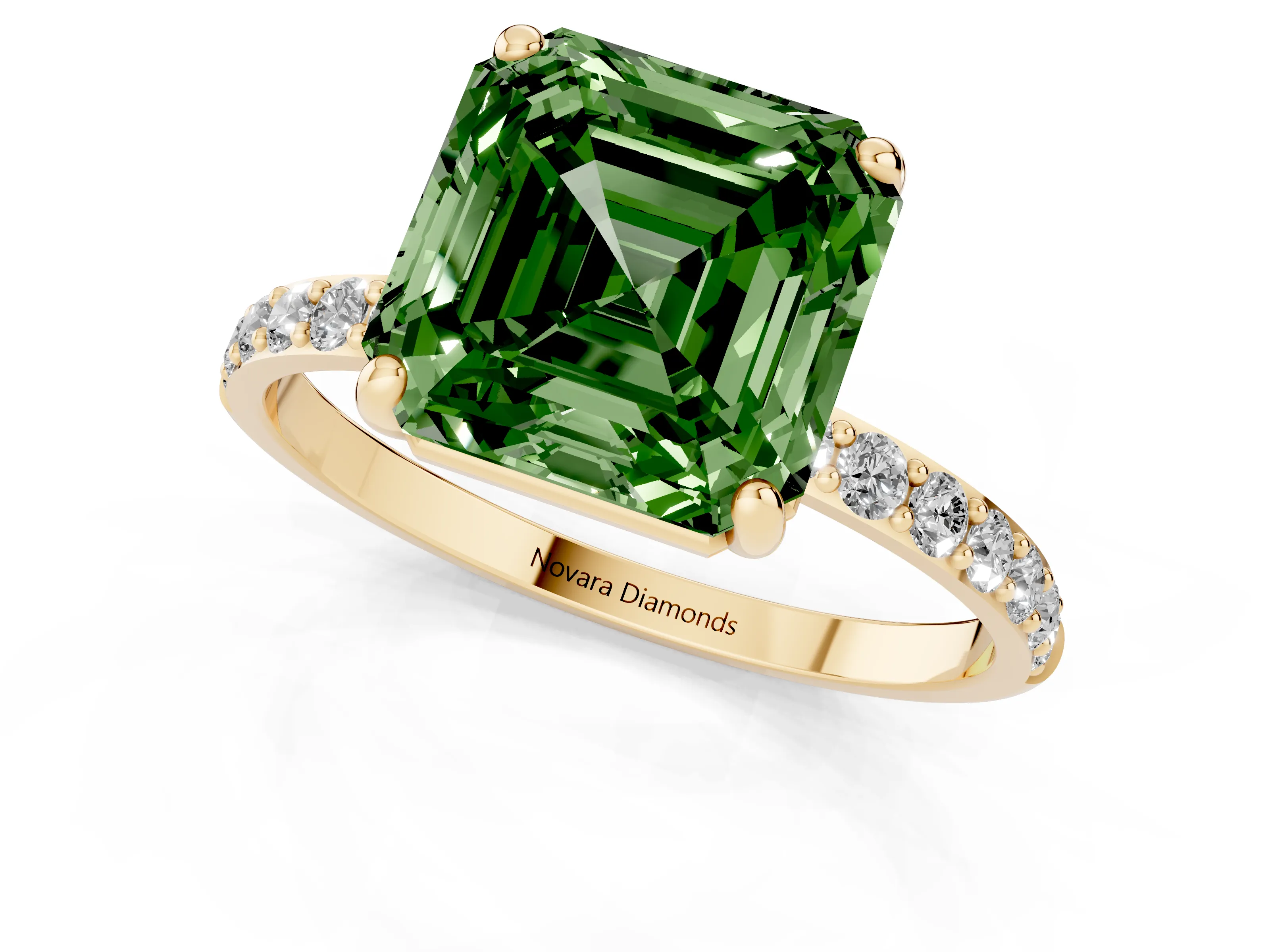 Fancy Green Asscher Cut Diamond Solitaire Ring Set in Yellow gold with Round Pavé Band and Prong Setting