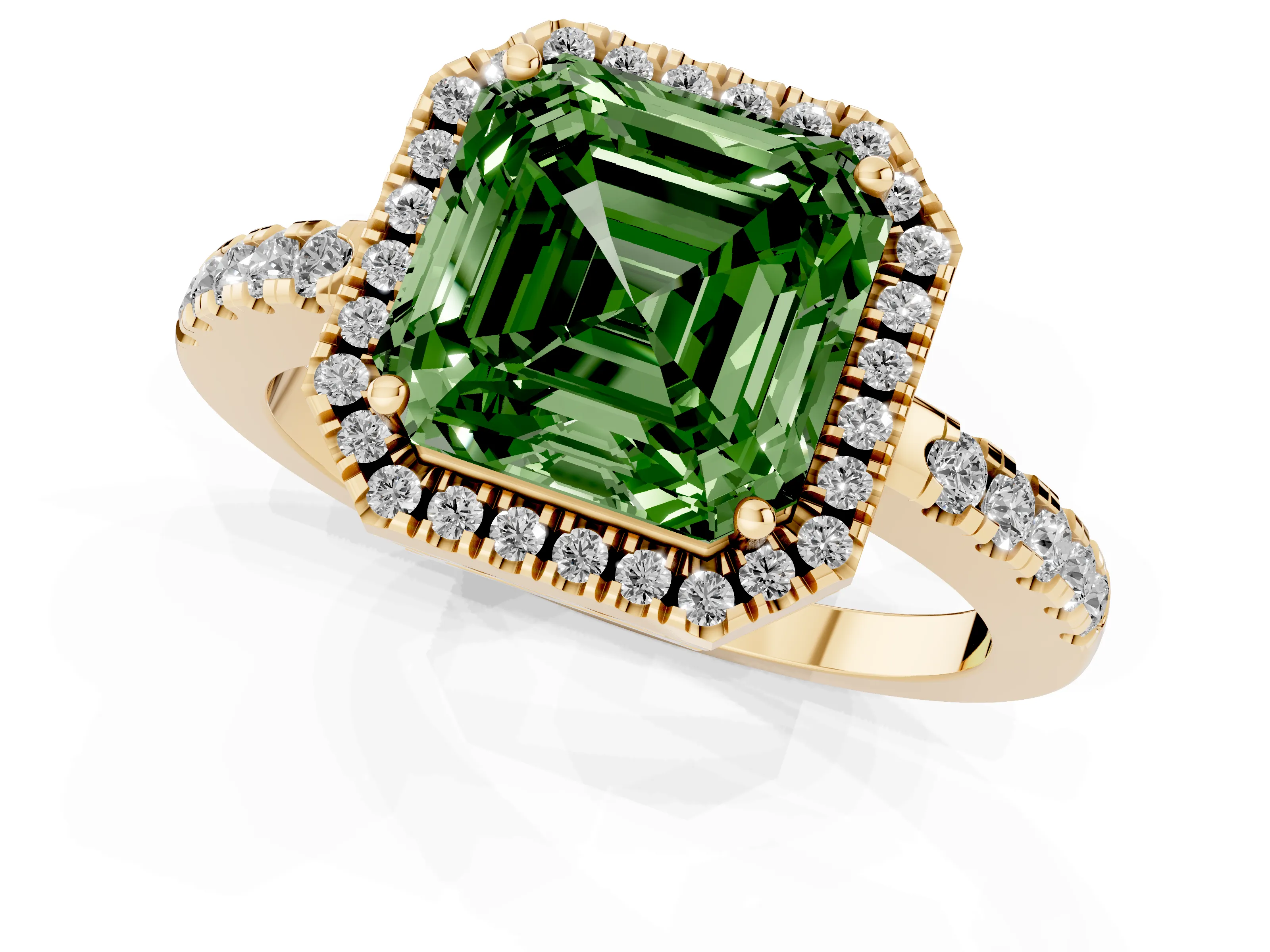 Fancy Green Asscher Cut Diamond Pavé Band Halo Engagement Ring Set in Yellow gold with Prong Setting
