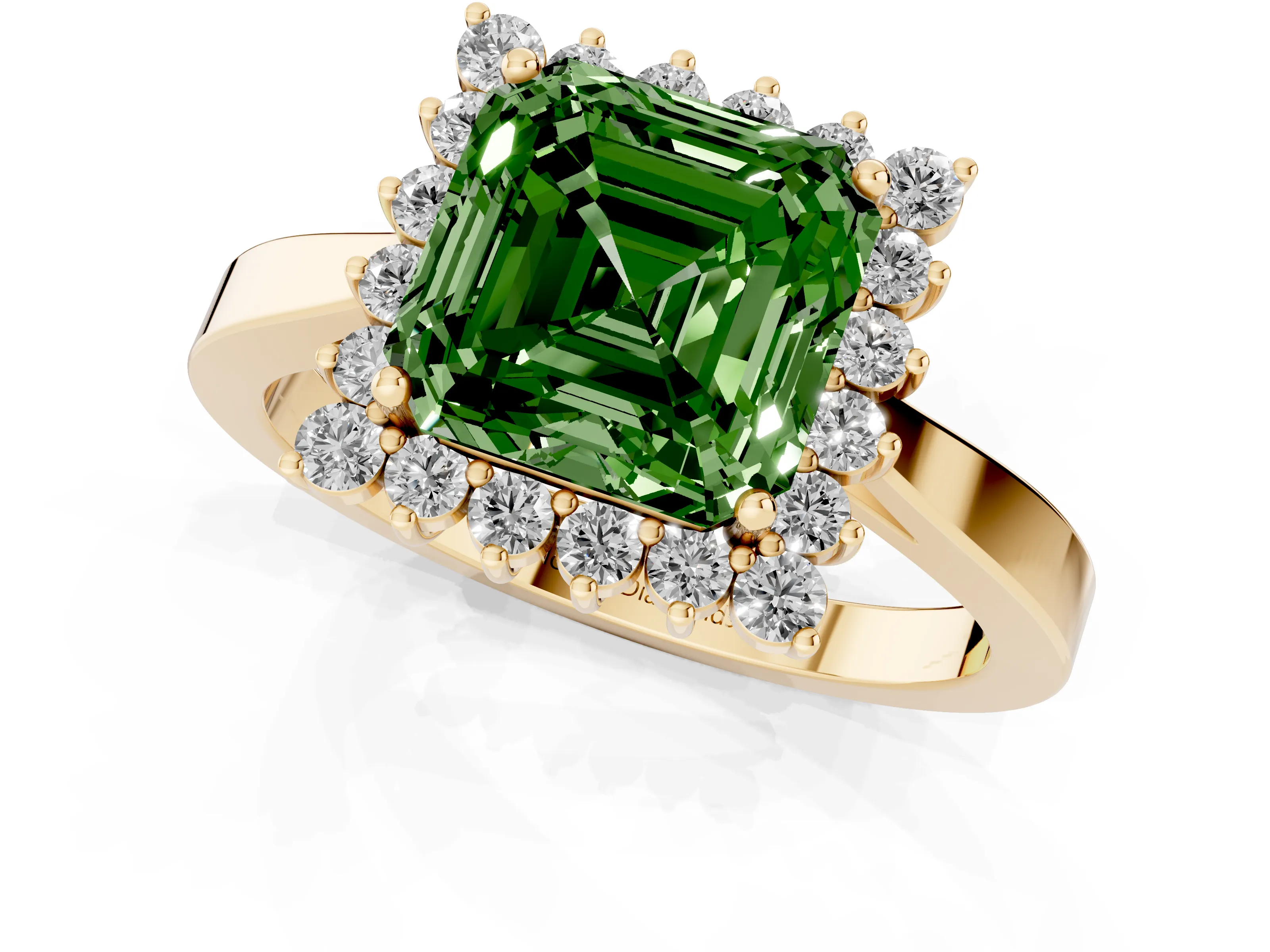 Fancy Green Asscher Cut Diamond Halo Ring Set in Yellow gold with Round Halo and Smooth Solitaire Band