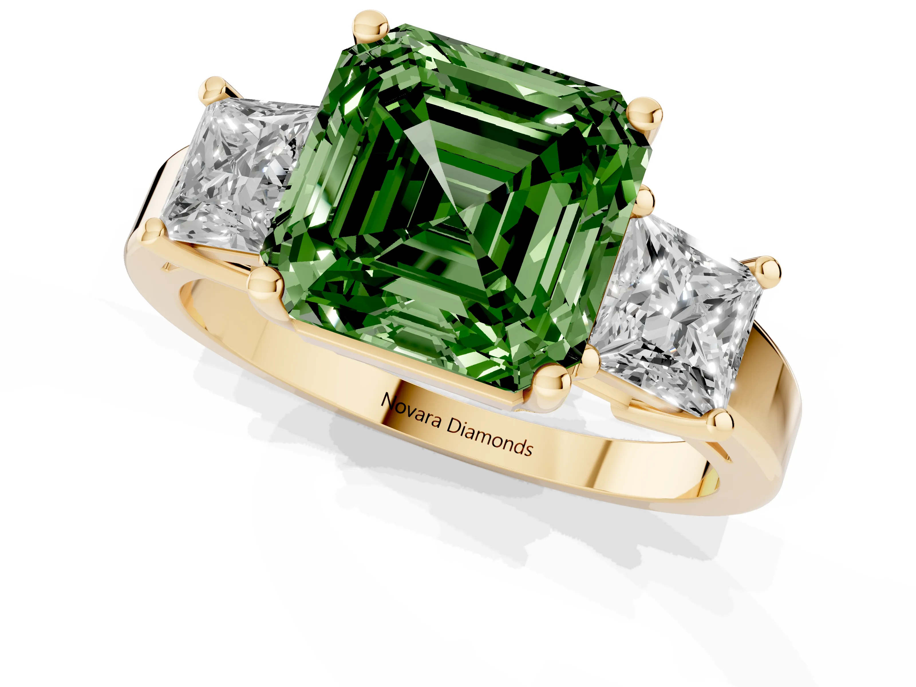 Fancy Green Three-Stone Asscher Cut Diamond Solitaire Ring Set in Yellow gold with Prong Setting