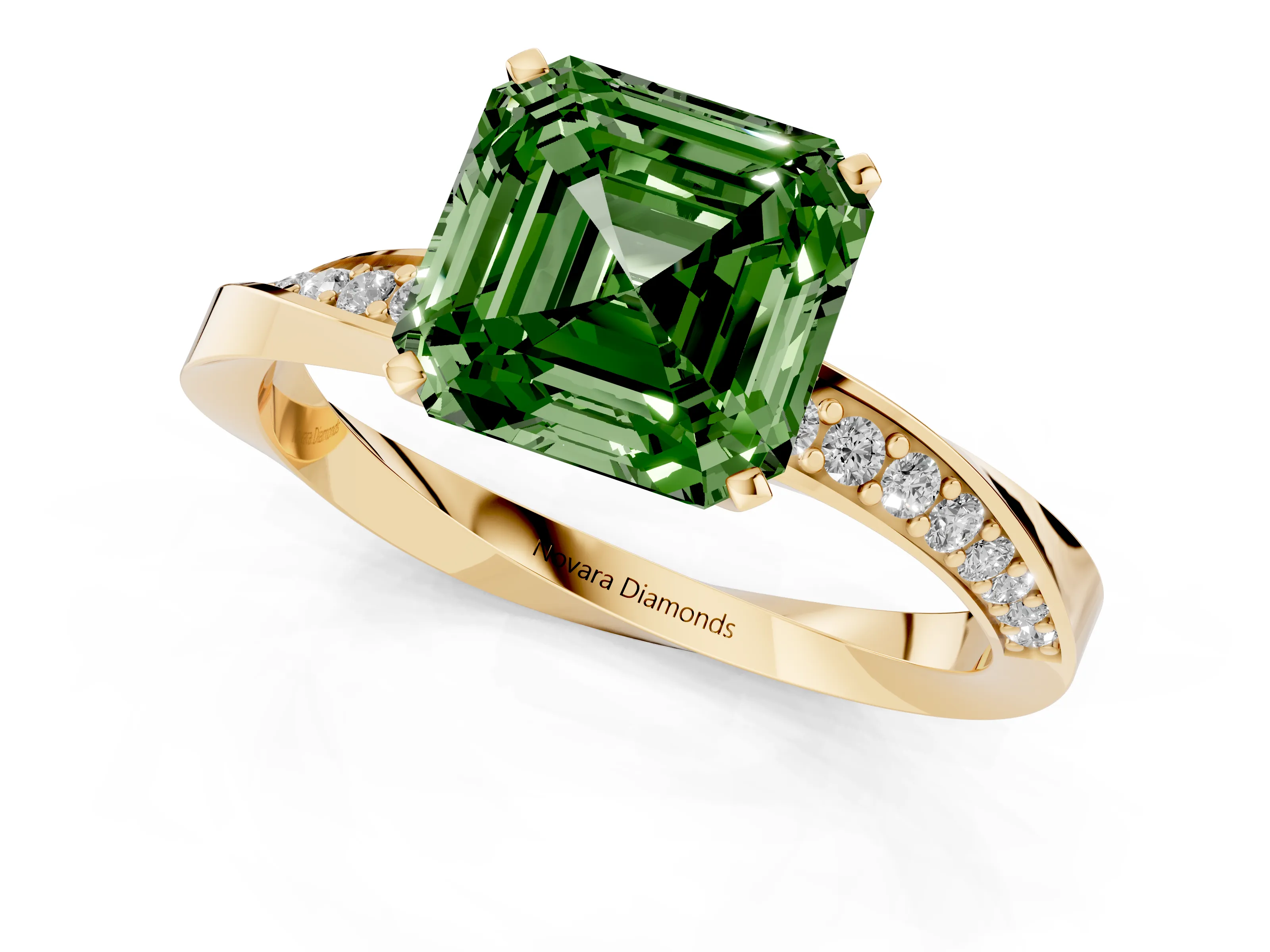 Fancy Green Asscher Cut Diamond Engagement Ring Set in Yellow gold with Side Stone Accents and Prong Setting