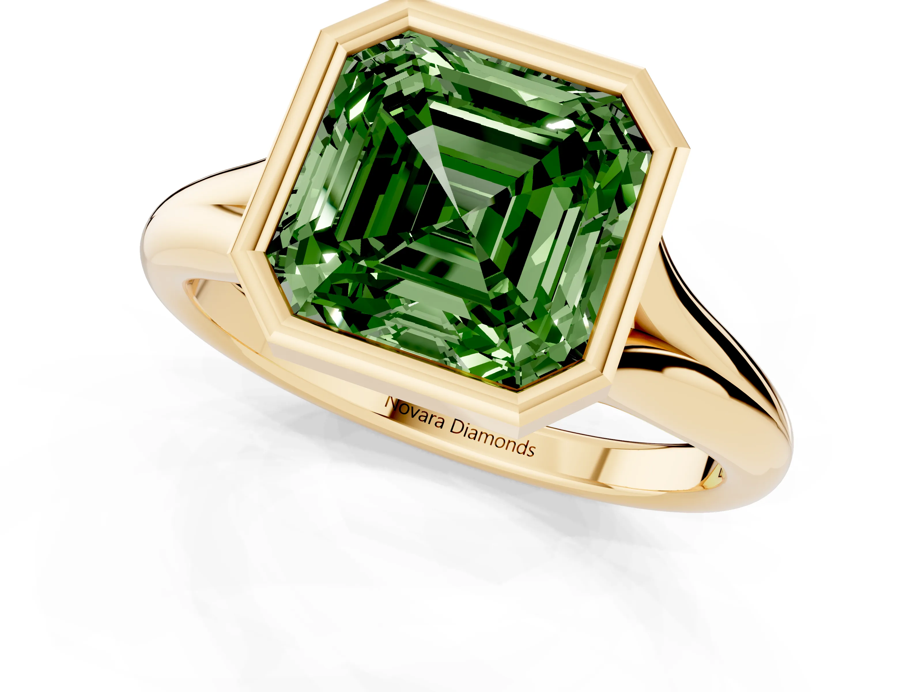 Fancy Green Bezel Set Asscher Cut Diamond Solitaire Ring Set in Yellow gold with Smooth Band