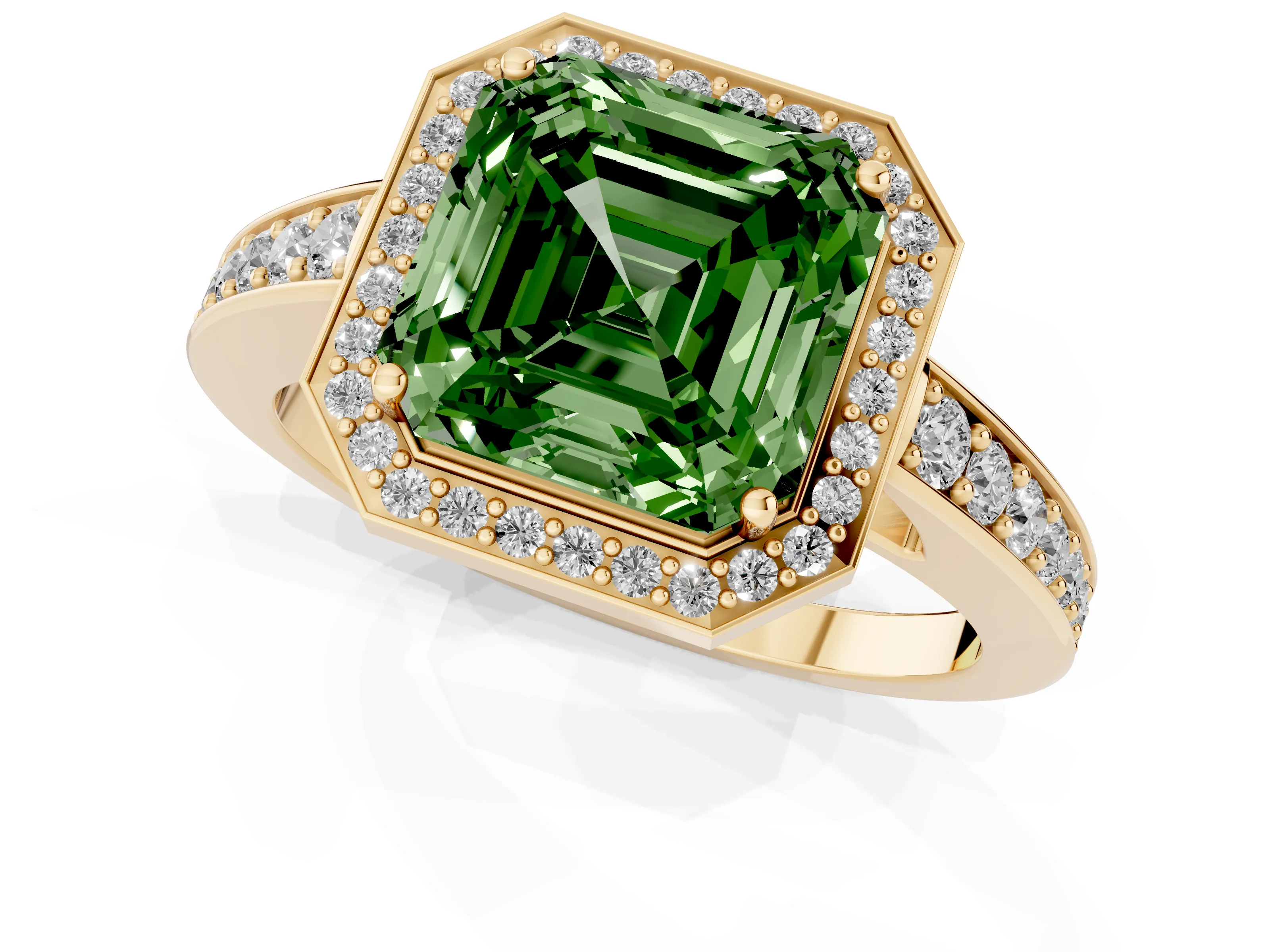 Fancy Green Asscher Cut Diamond Halo Pavé Engagement Ring Set in Yellow gold with Bezel Setting