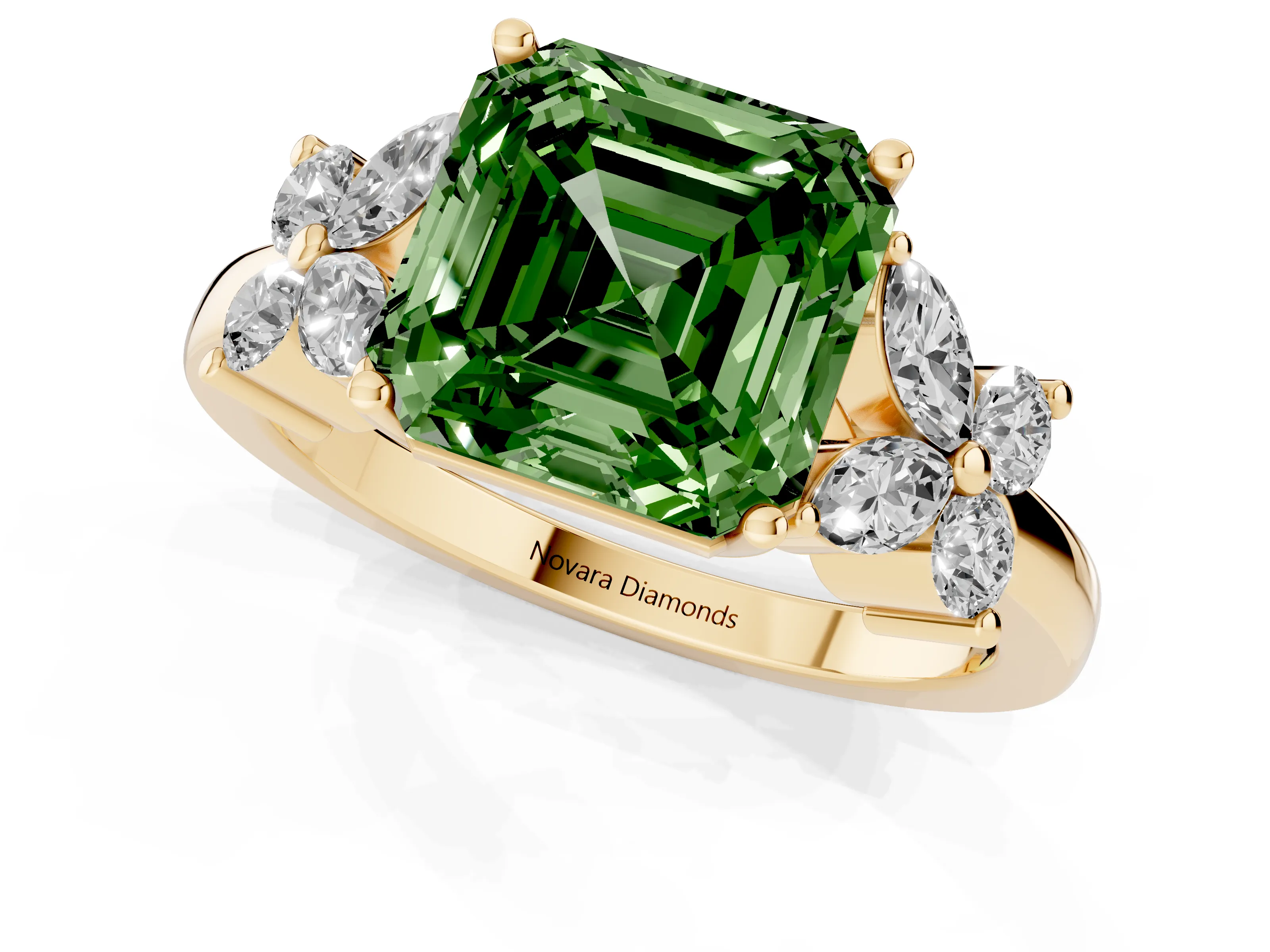 Fancy Green Asscher Cut Diamond Floral Cluster Ring Set in Yellow gold with Marquise Petals and Prong Setting