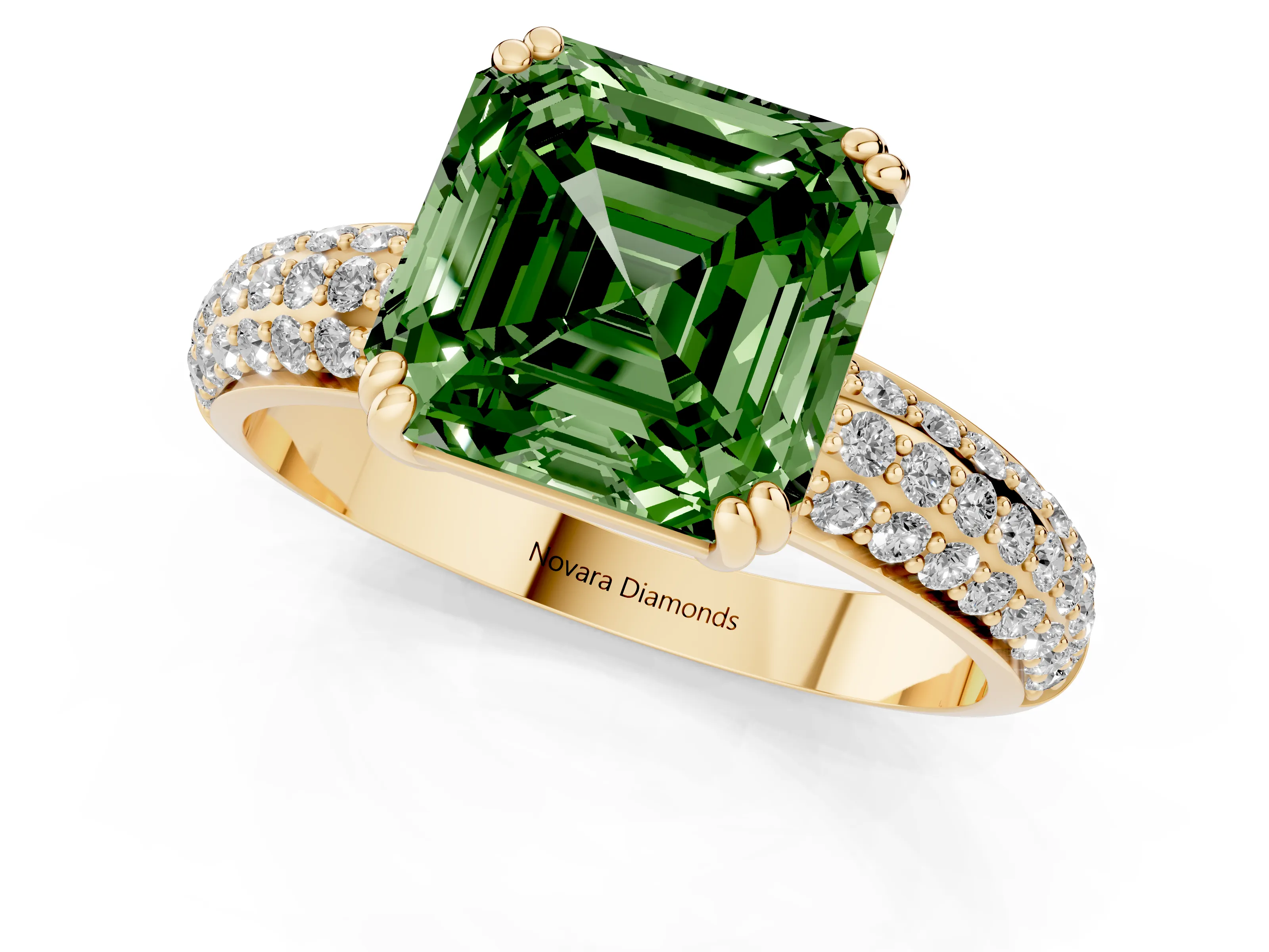 Fancy Green Asscher Cut Diamond Solitaire Ring Set in Yellow gold with Multi-Row Round Pavé Band and Prong Setting
