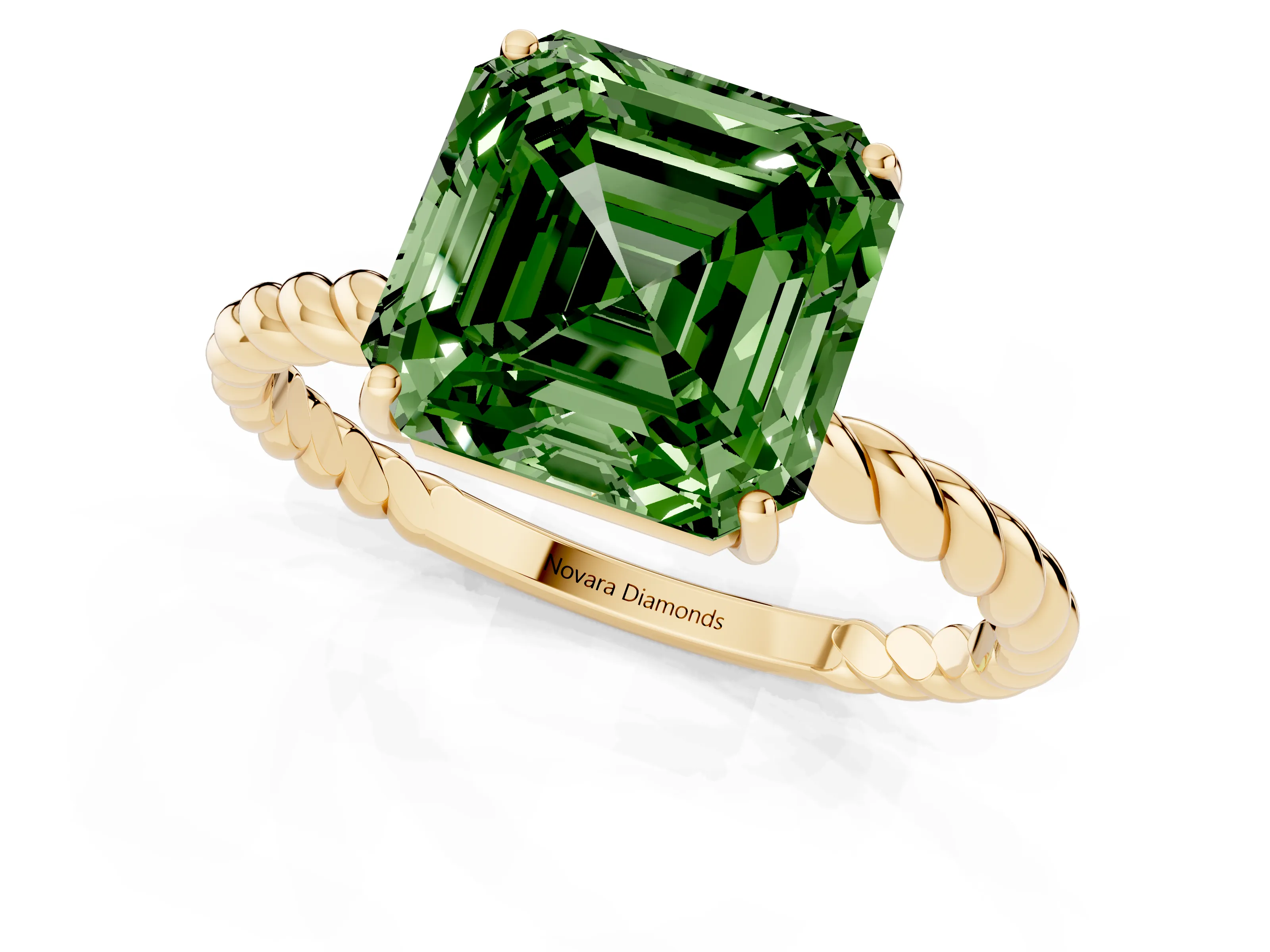 Fancy Green Asscher Cut Diamond Solitaire Ring Set in Yellow gold with Twist Band and Prong Setting