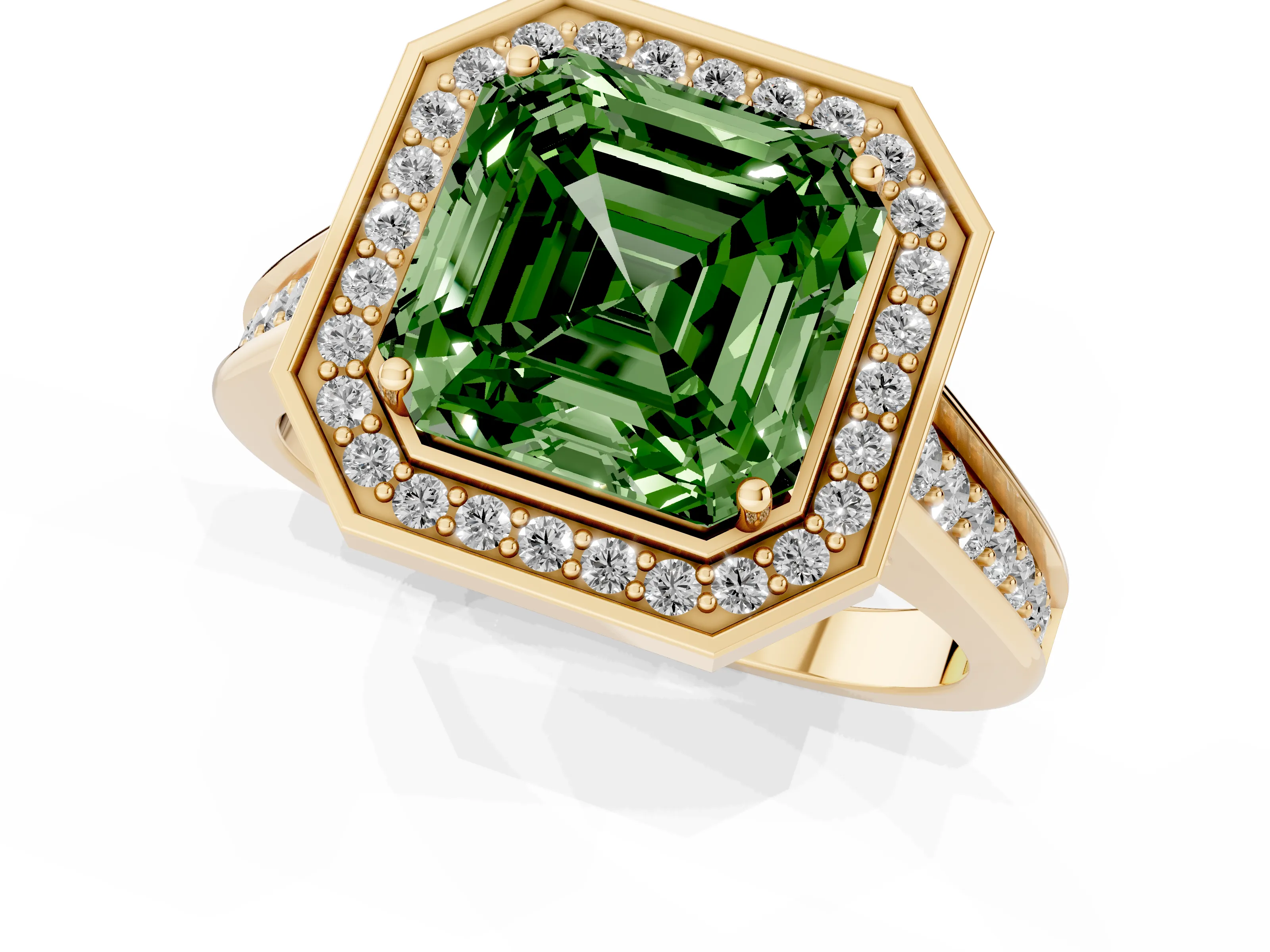 Fancy Green Asscher Cut Diamond Halo Solitaire Ring Set in Yellow gold with Pavé Band and Bezel Setting