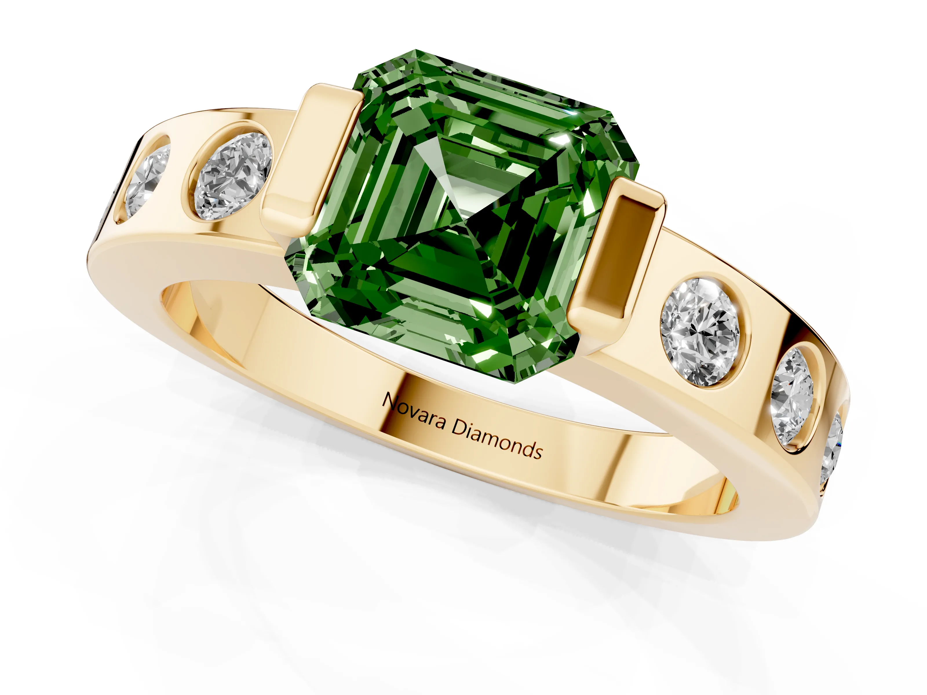 Fancy Green Asscher Cut Diamond Channel-Set Band Ring Set in Yellow gold with Bezel Prong Setting