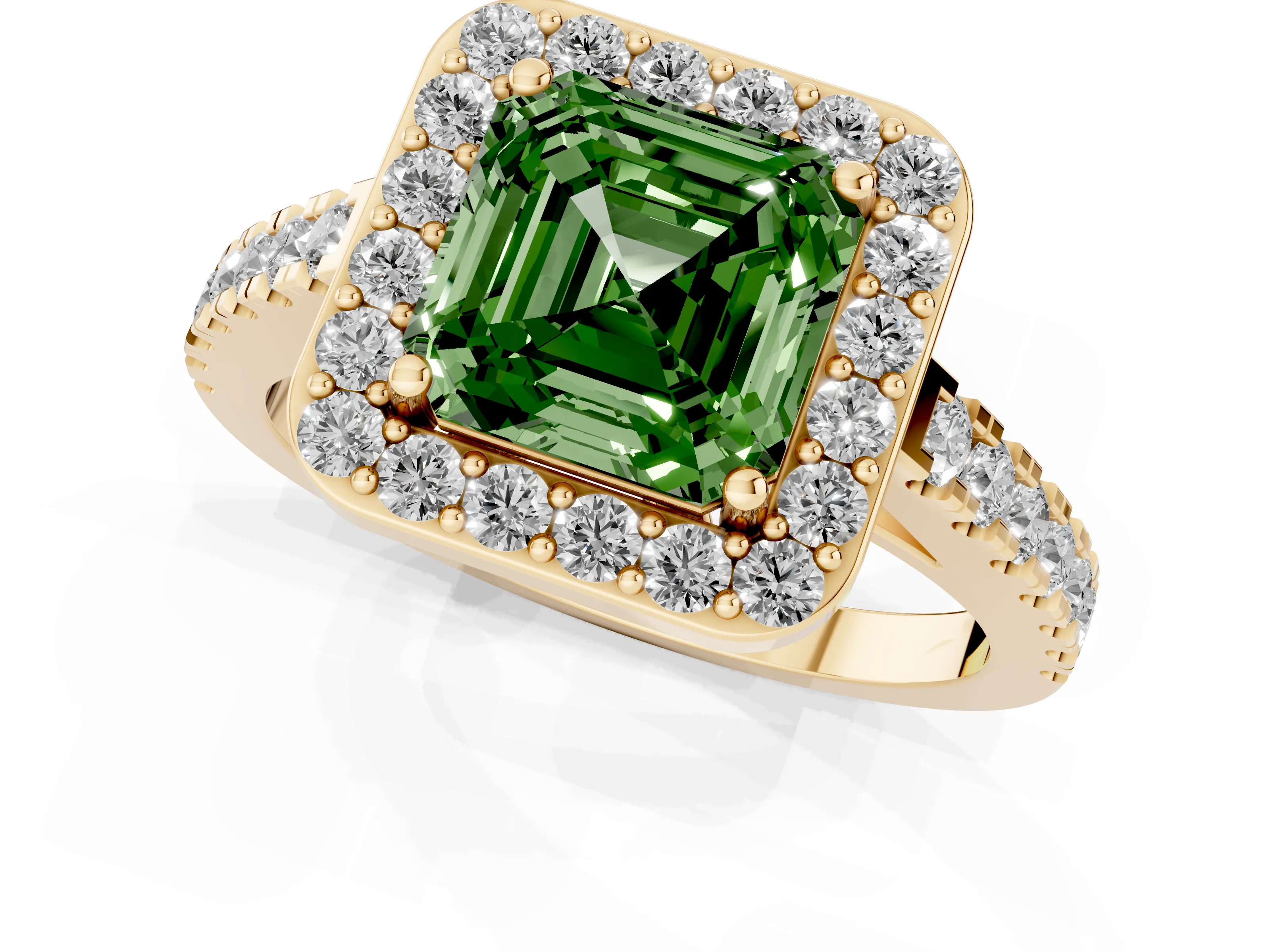 Fancy Green Asscher Cut Diamond Halo Ring Set in Yellow gold with Round Pavé Split Shank and Prong Setting