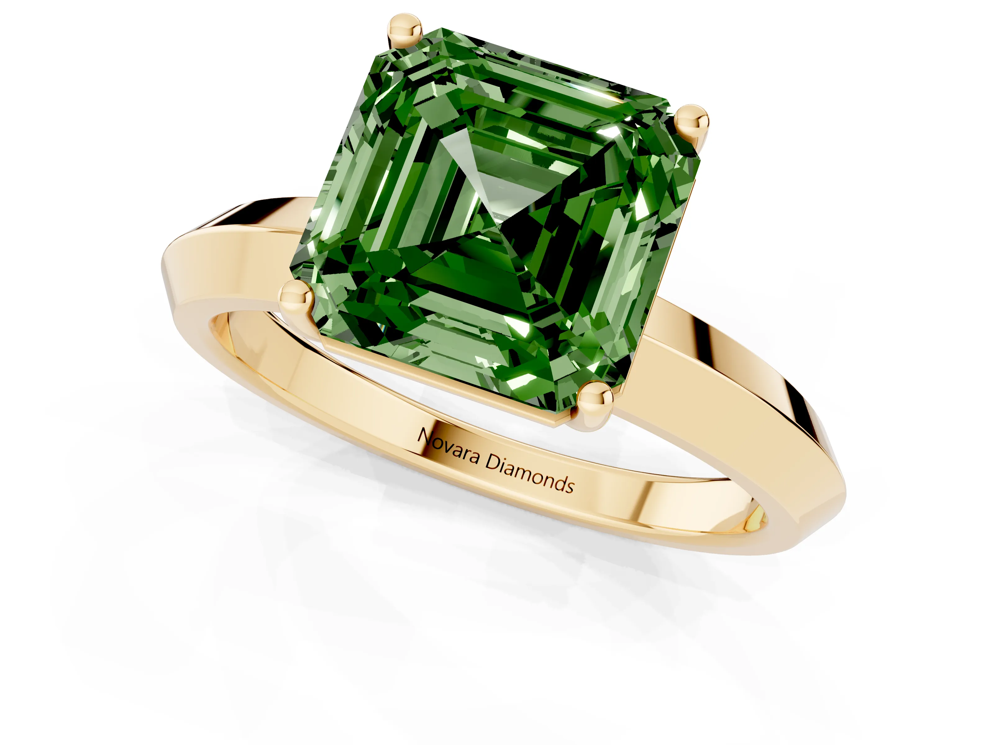 Fancy Green Asscher Cut Diamond Solitaire Engagement Ring Set in Yellow gold with Flat Band and Prong Setting