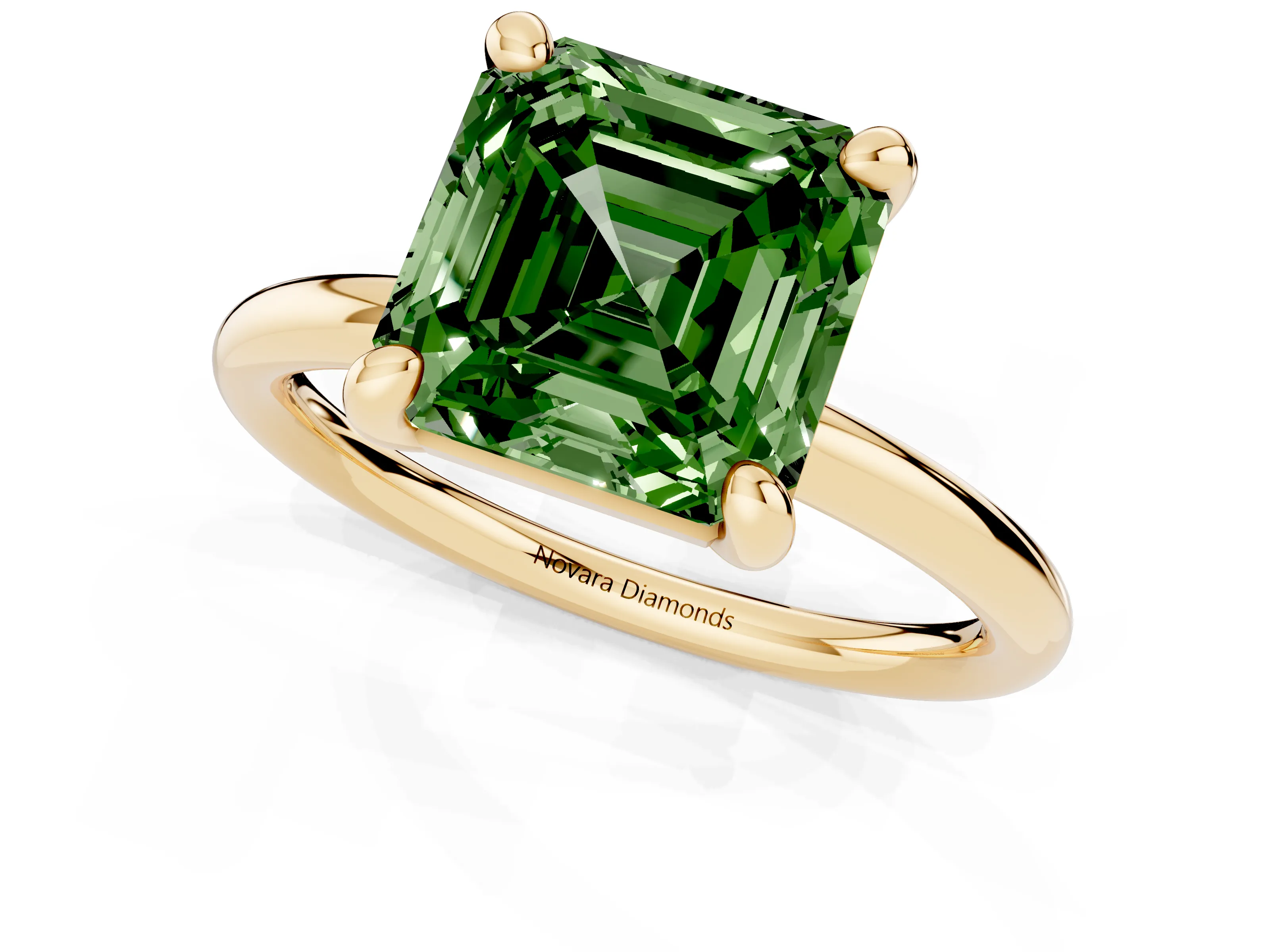 Fancy Green Asscher Cut Diamond Solitaire Ring Set in Yellow gold with Prong Setting on a Polished Plain Band
