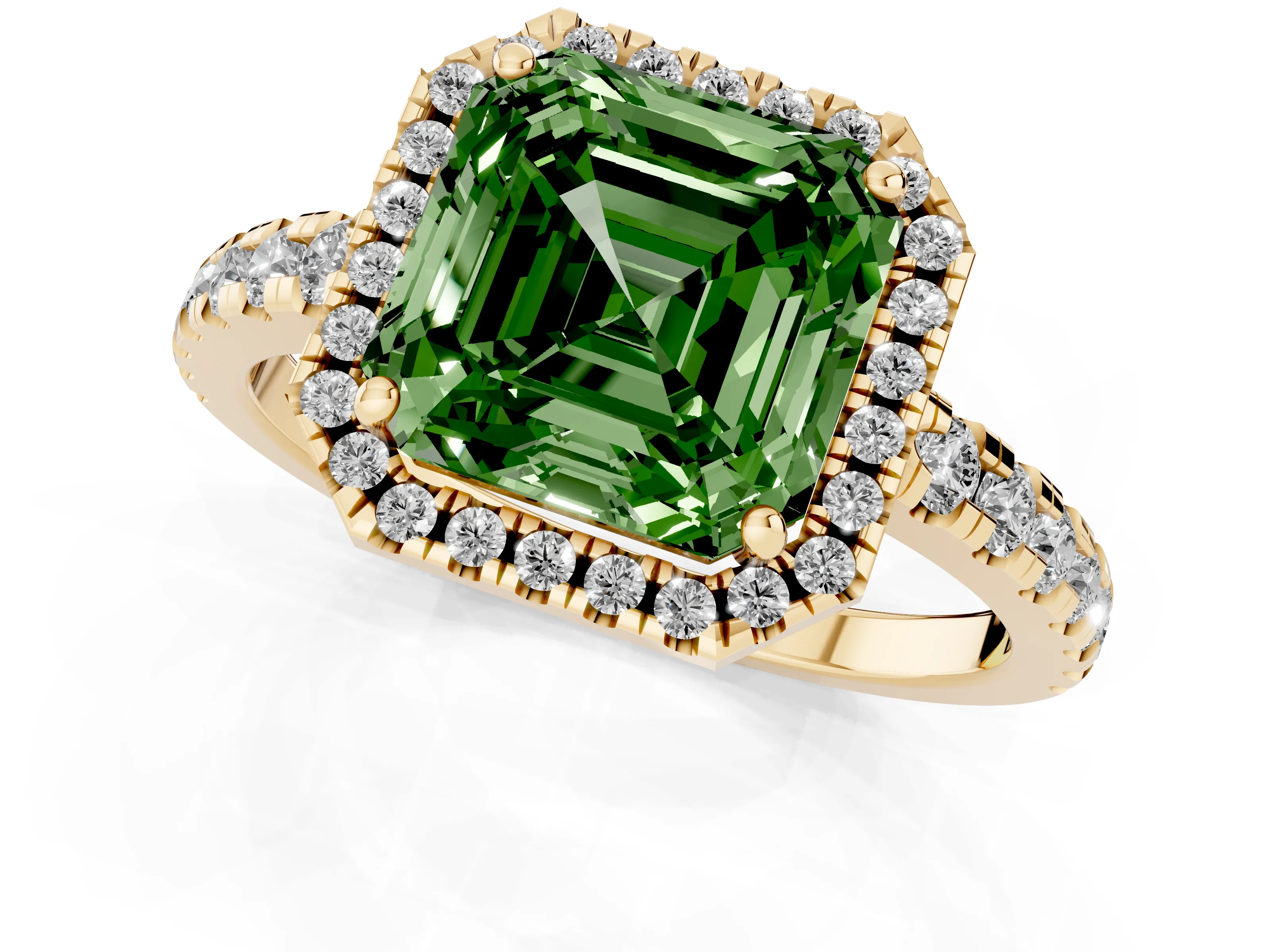 Fancy Green Asscher Cut Diamond Halo Ring Set in Yellow gold with Delicate Pavé Band and Prong Setting