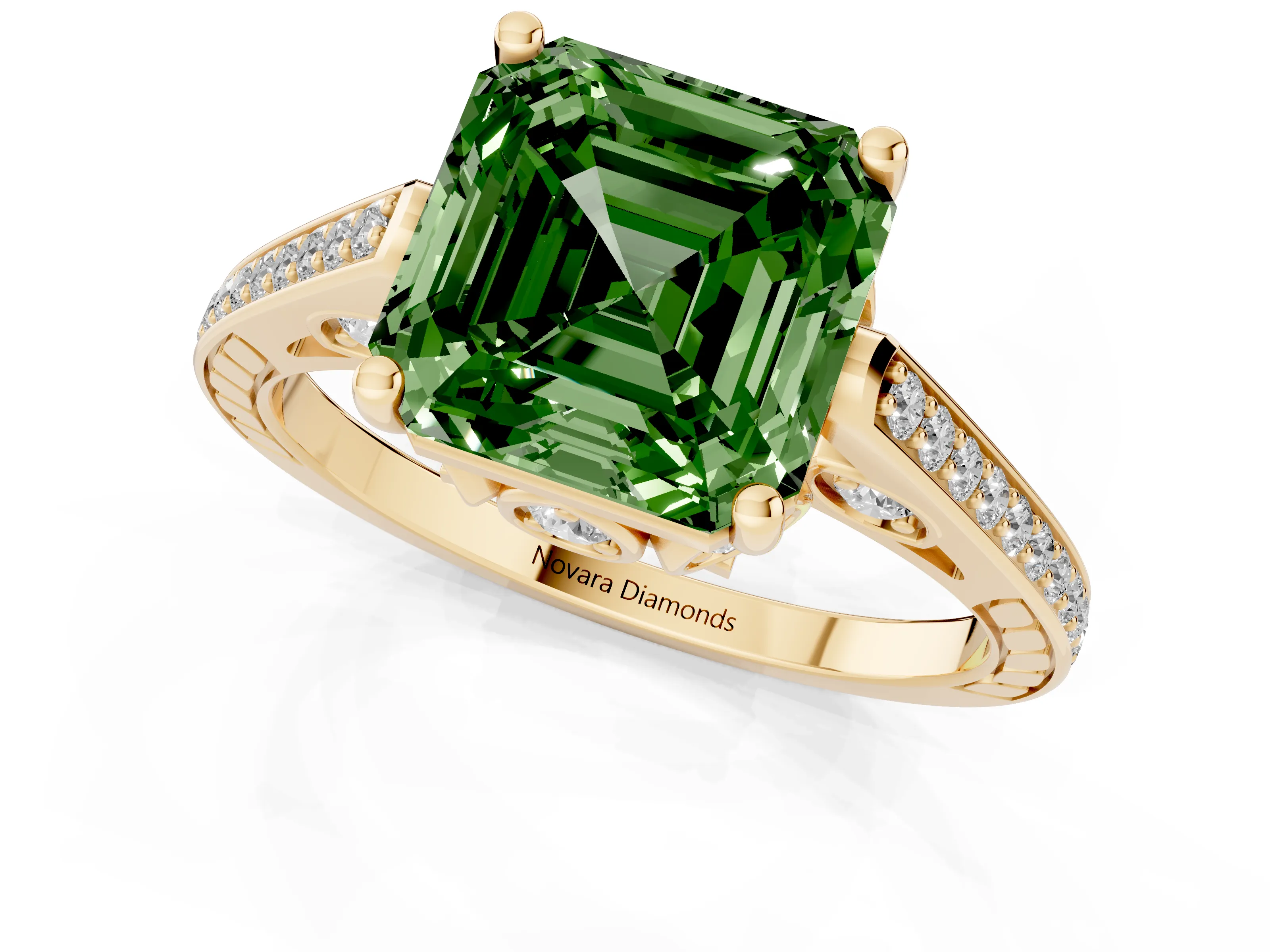Fancy Green Asscher Cut Diamond Cathedral Pavé Engagement Ring Set in Yellow gold with Prong Setting