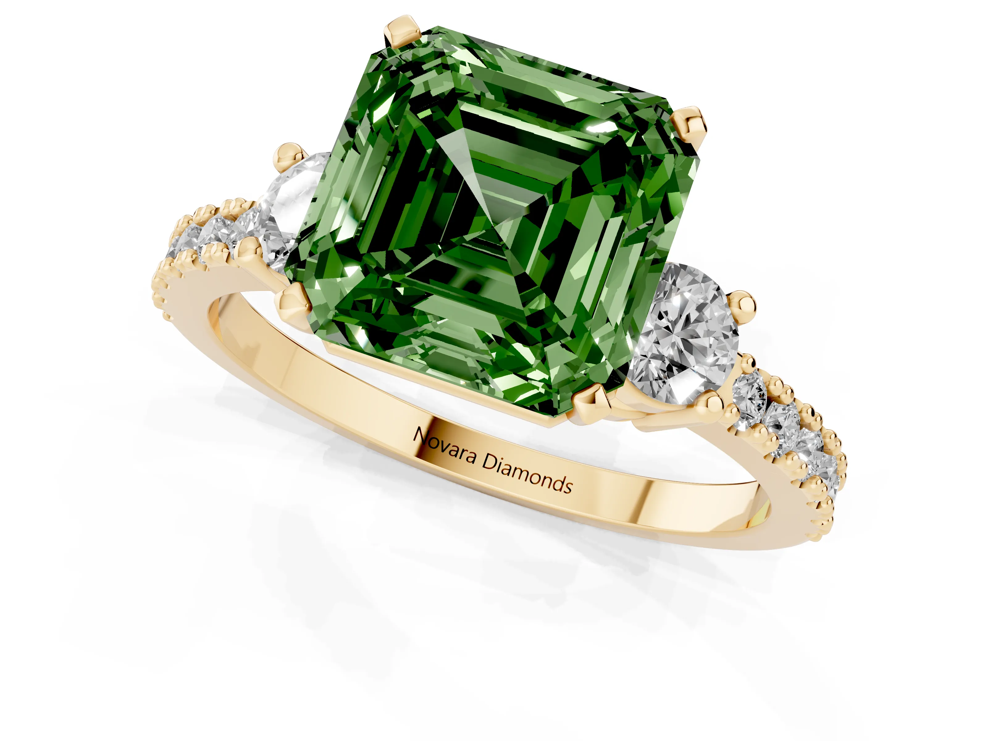 Fancy Green Three-Stone Asscher Cut Diamond Pavé Band Ring Set in Yellow gold with Prong Setting