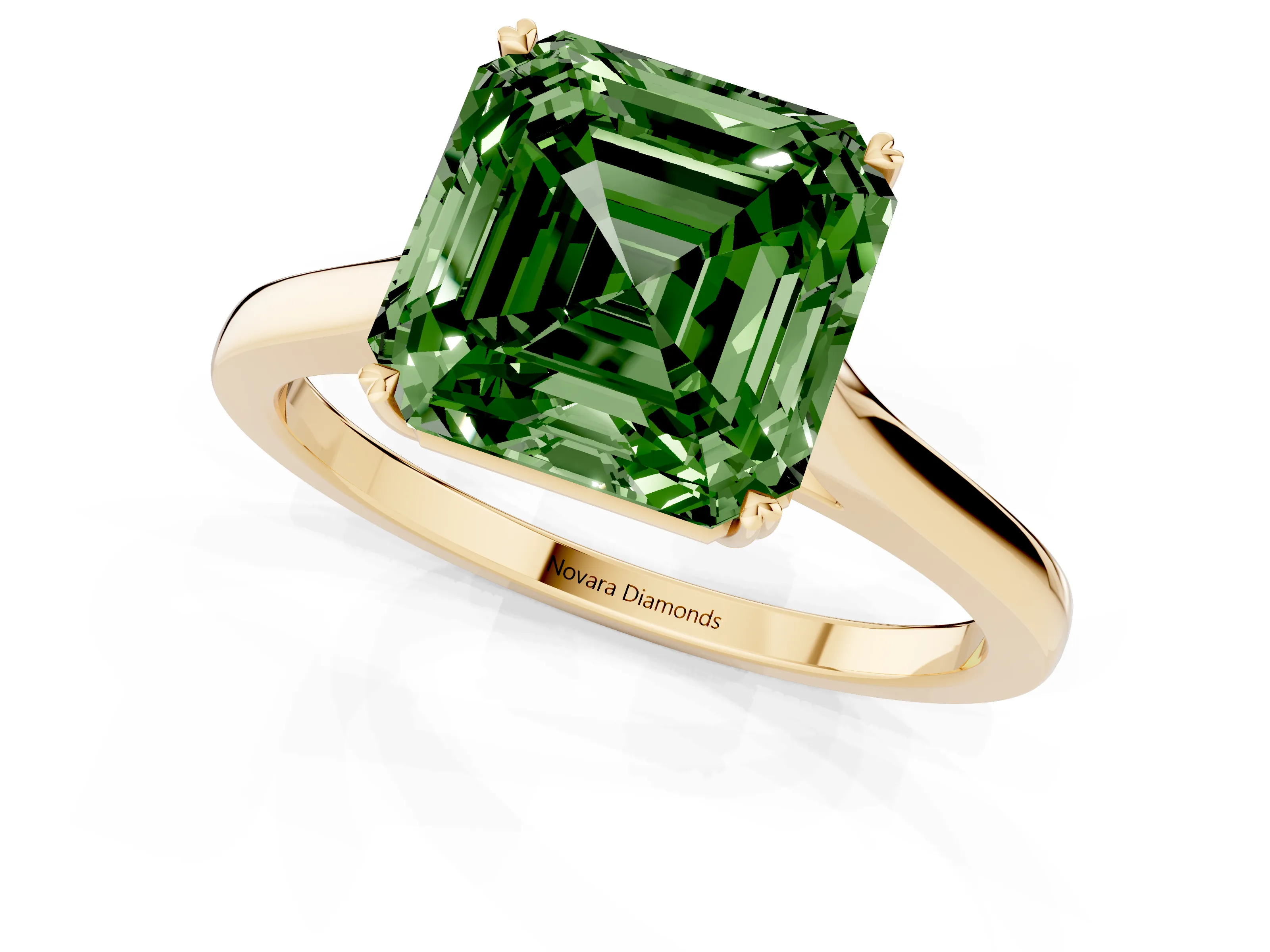 Fancy Green Asscher Cut Diamond Solitaire Heart Prong Engagement Ring Set in Yellow gold with Tapered Band