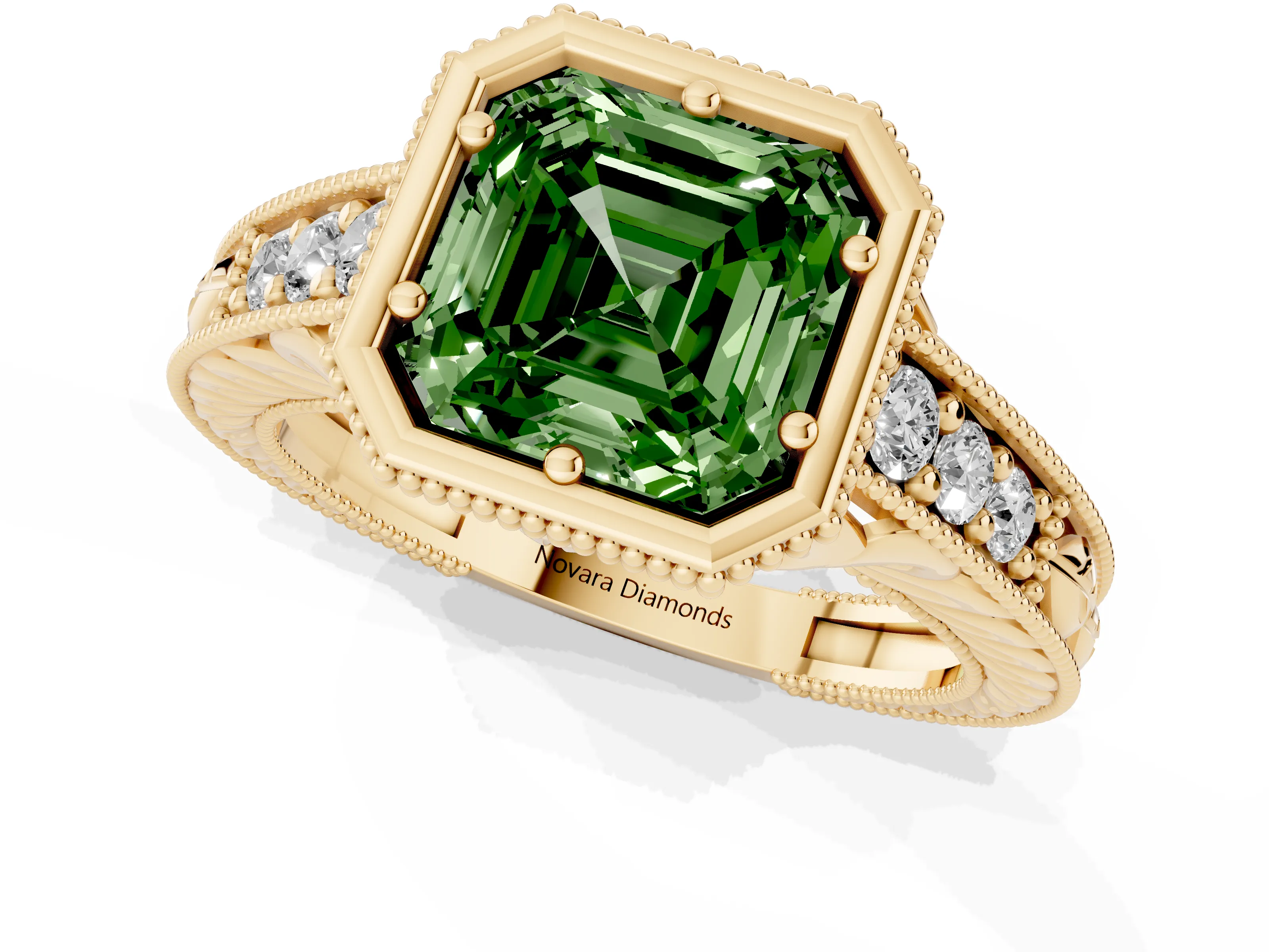 Fancy Green Bezel Set Asscher Cut Diamond Milgrain Pavé Engagement Ring Set in Yellow gold