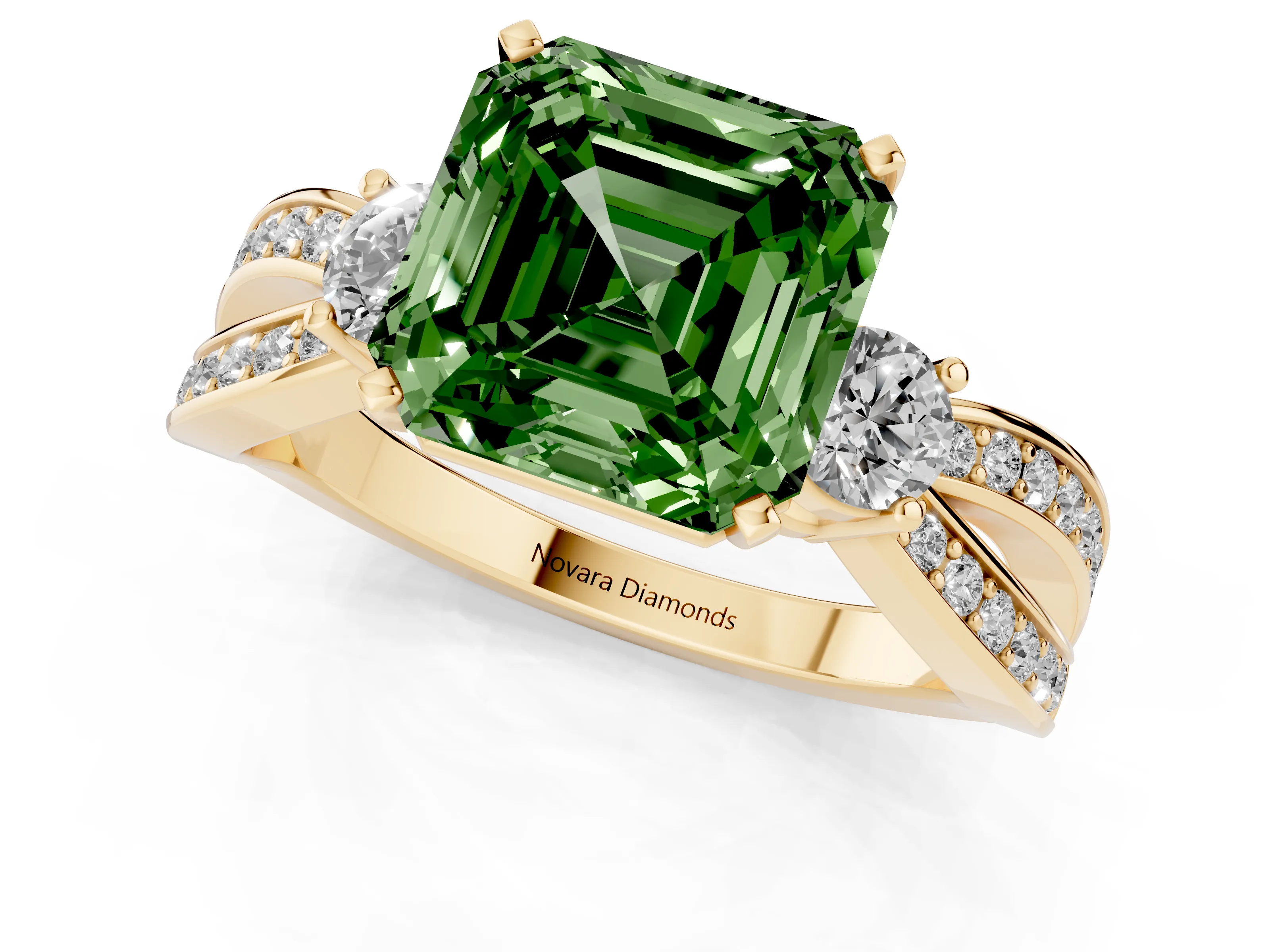 Fancy Green Three-Stone Asscher Cut Diamond Twist Band Ring Set in Yellow gold with Pavé Accents and Prong Setting
