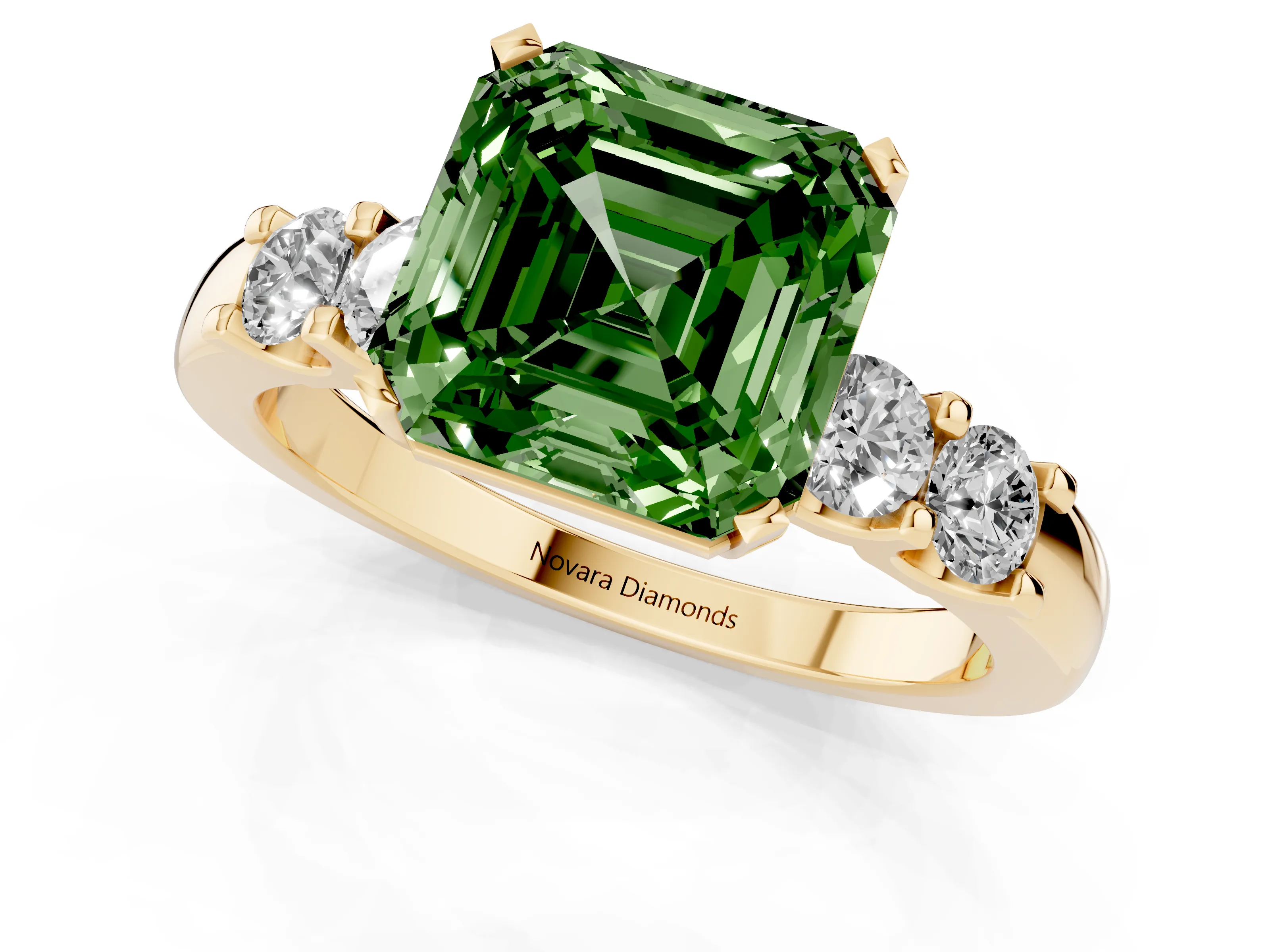 Fancy Green Asscher Cut Diamond Five-Stone Prong Set Engagement Ring Set in Yellow gold with Channel Band