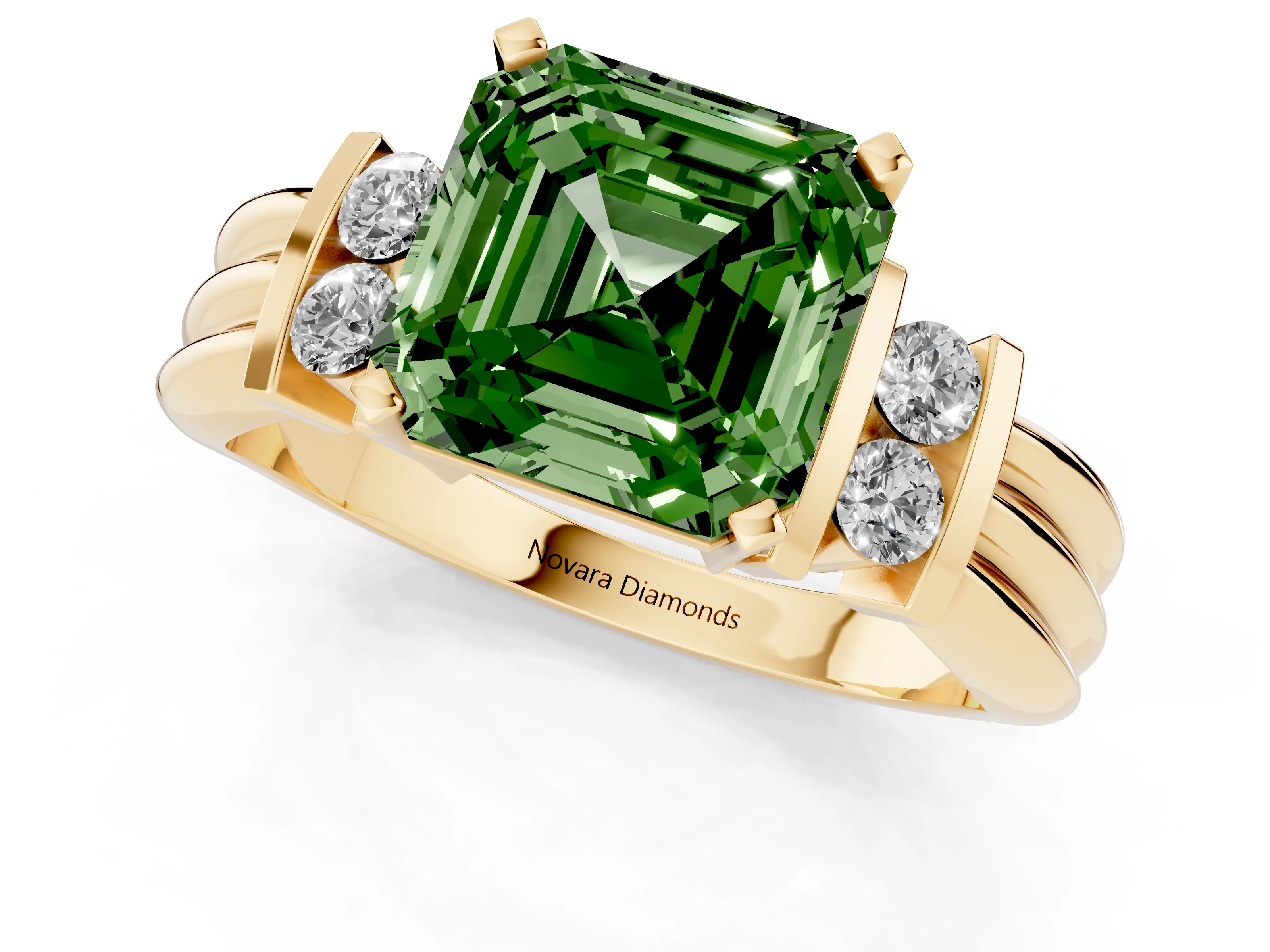 Fancy Green Three-Stone Asscher Cut Diamond Channel Set Ring Set in Yellow gold with Bar Prongs