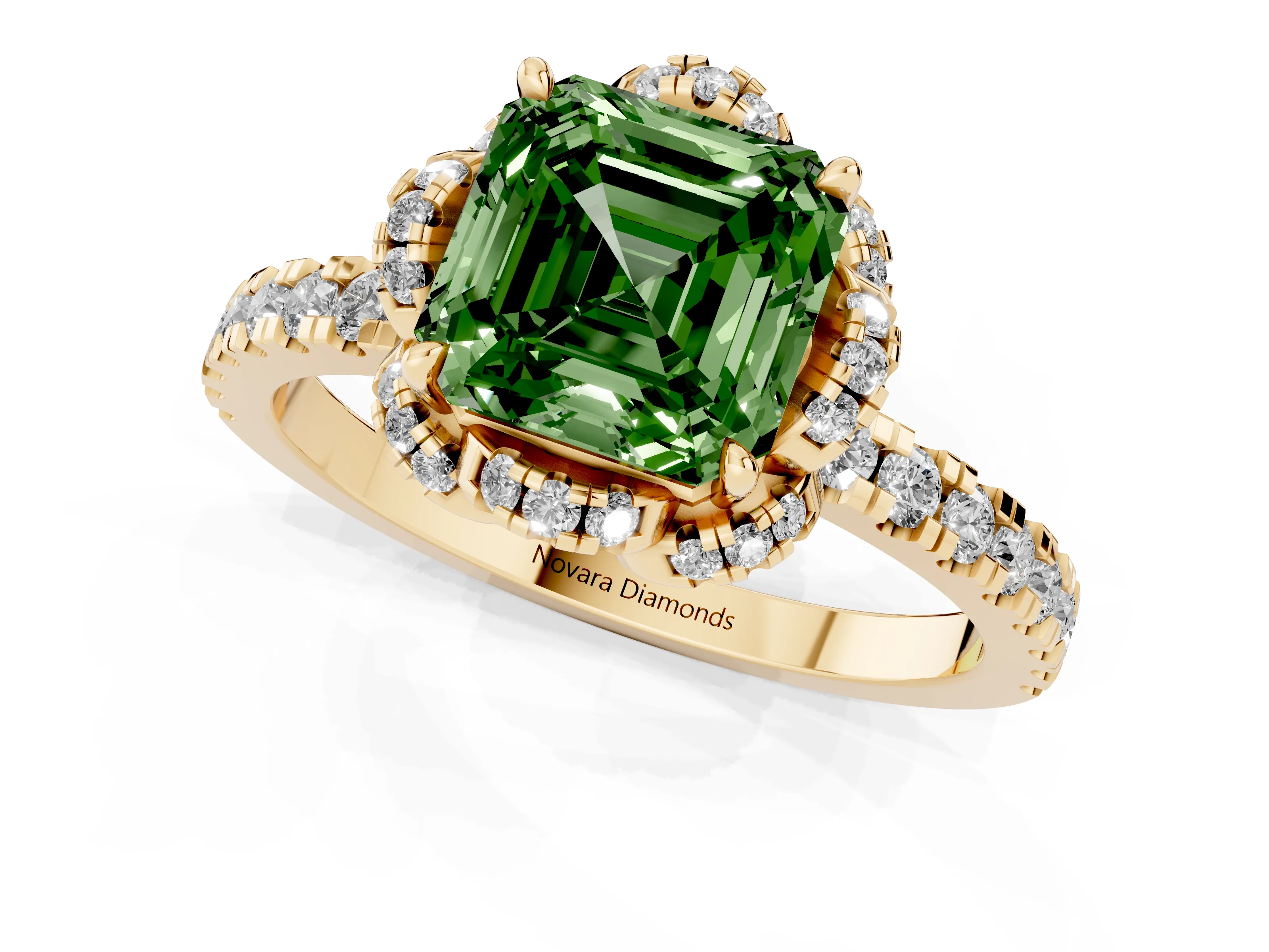 Fancy Green Asscher Cut Diamond Halo Pavé Ring Set in Yellow gold with Prong-Held Center Stone