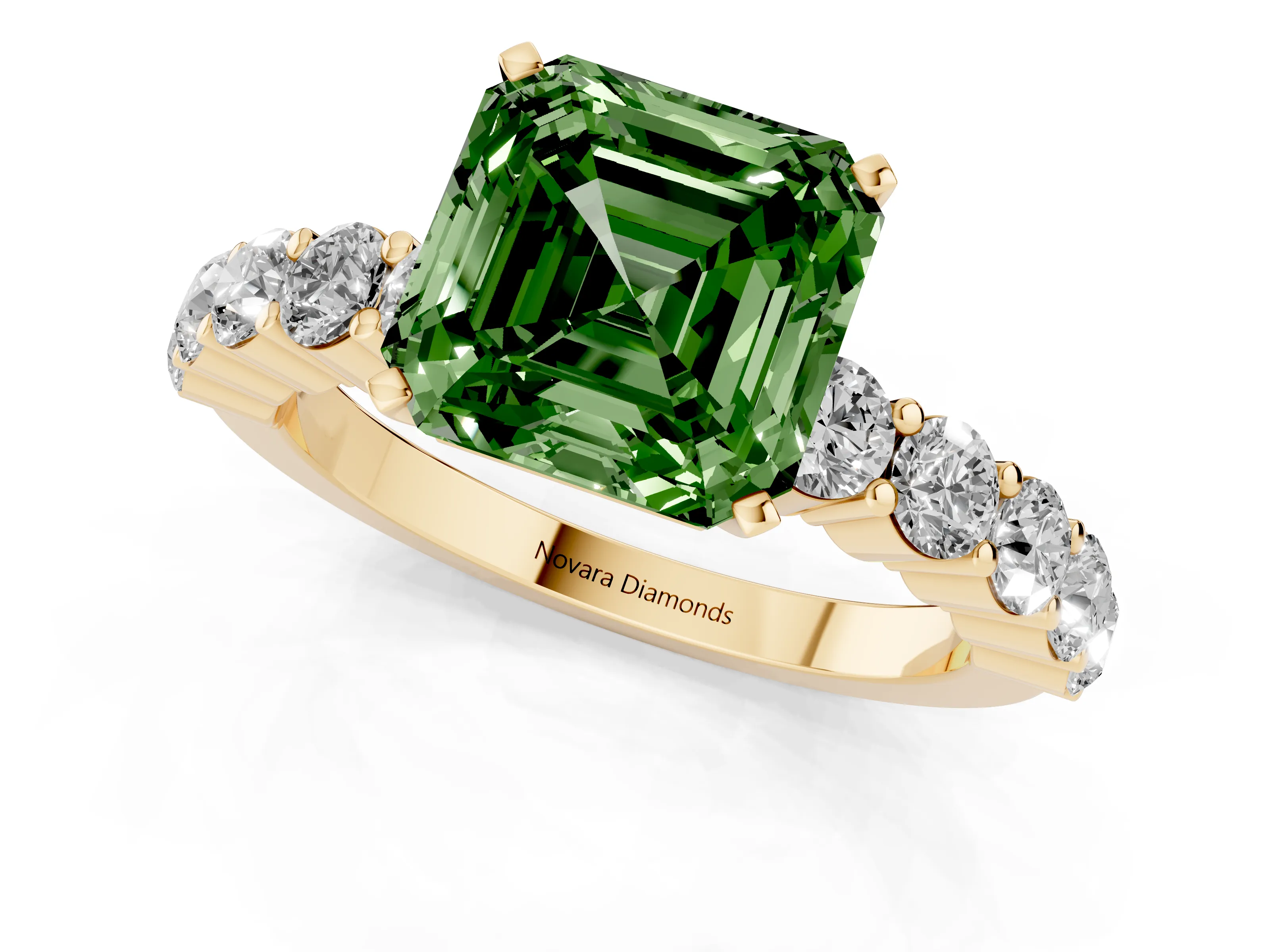 Fancy Green Asscher Cut Diamond Solitaire Ring Set in Yellow gold with Shared Prong Round Side Stones