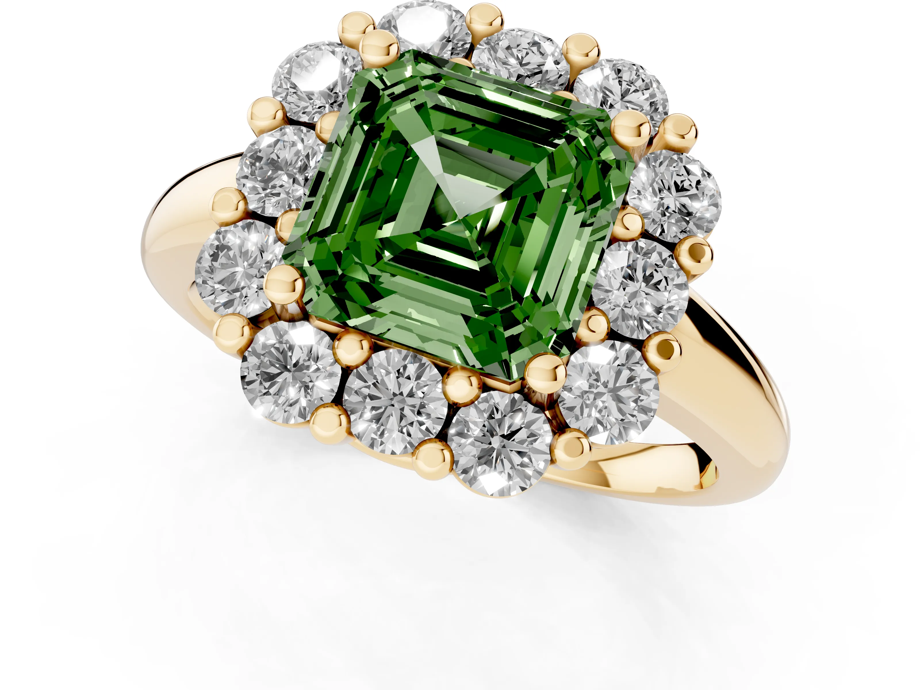 Fancy Green Asscher Cut Diamond Halo Cluster Engagement Ring Set in Yellow gold with Polished Band and Prong Setting