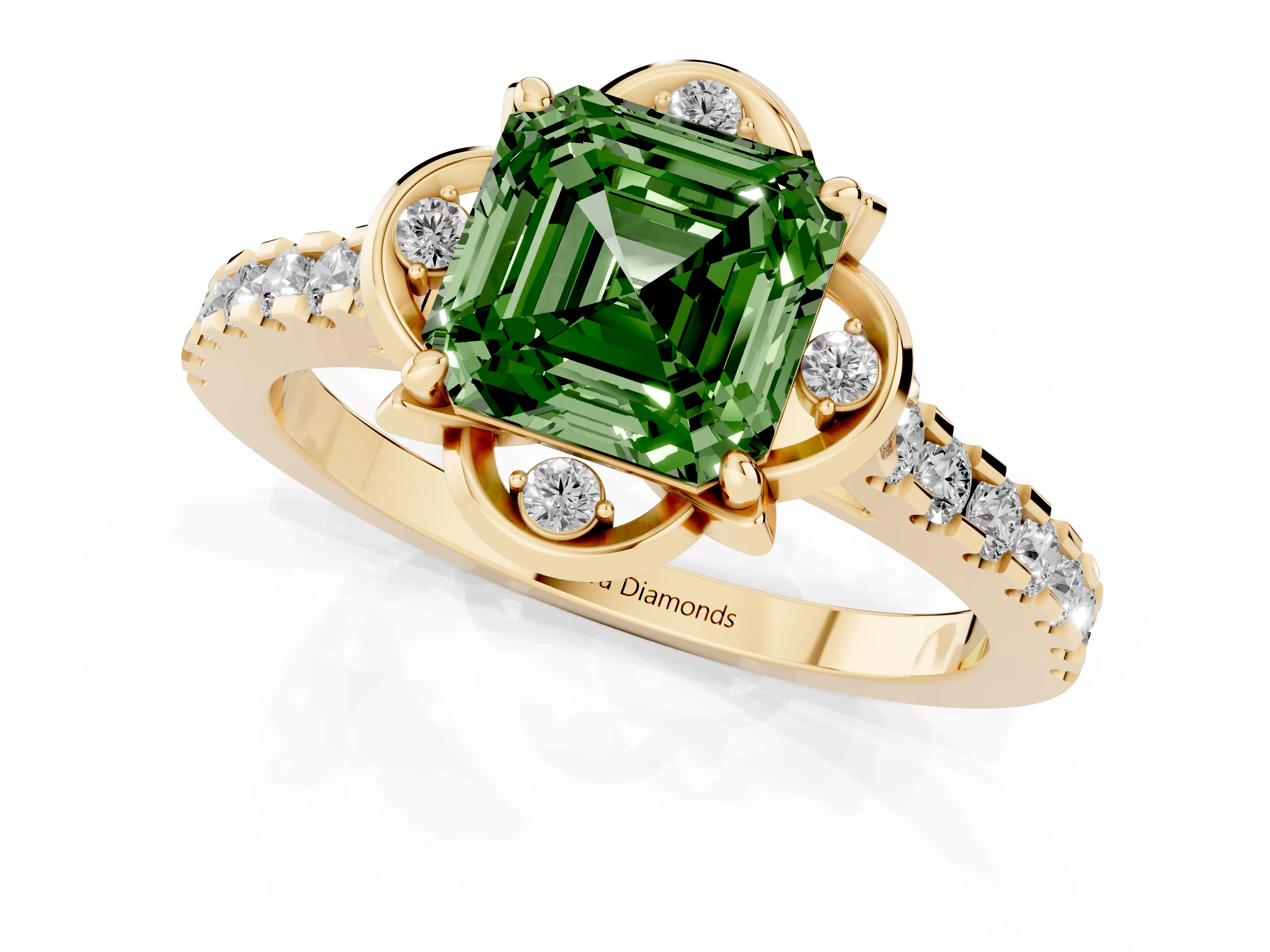 Fancy Green Asscher Cut Diamond Solitaire Ring Set in Yellow gold with Pavé Band and Floral Prong Setting