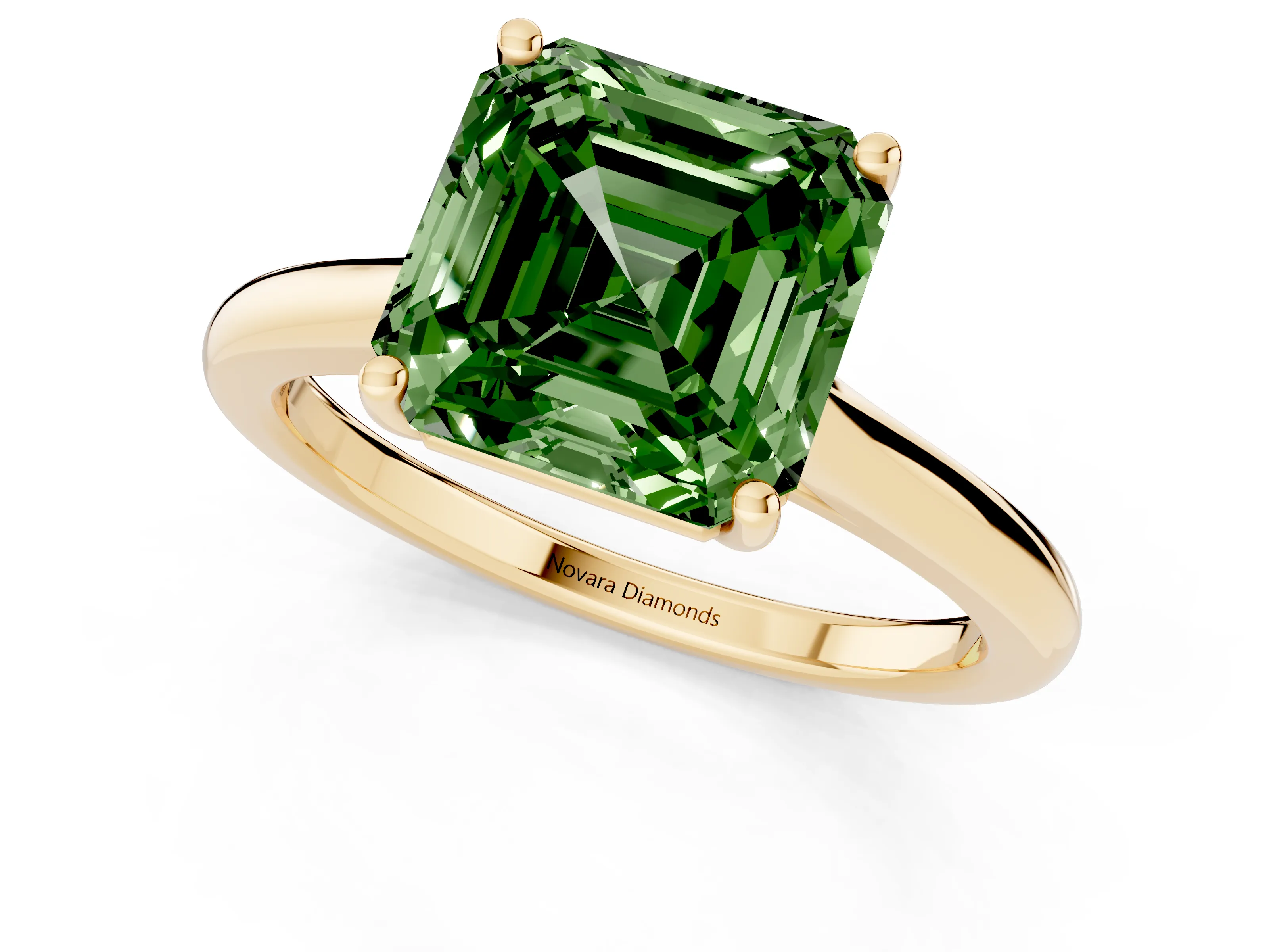 Fancy Green Asscher Cut Diamond Solitaire Ring Set in Yellow gold with Cathedral Band and Prong Setting