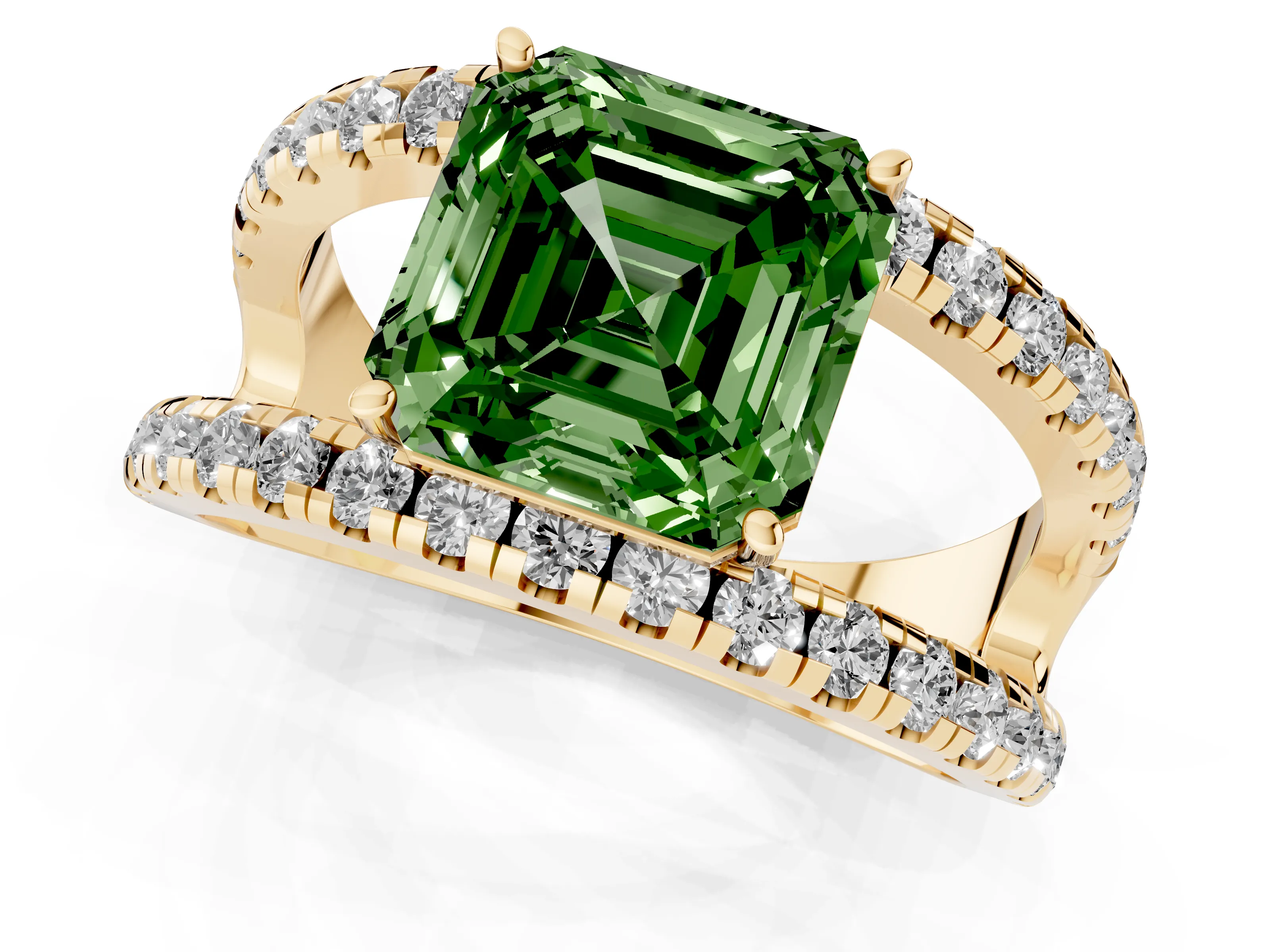 Fancy Green Asscher Cut Diamond Split Shank Pavé Solitaire Ring Set in Yellow gold with Open Shank Design