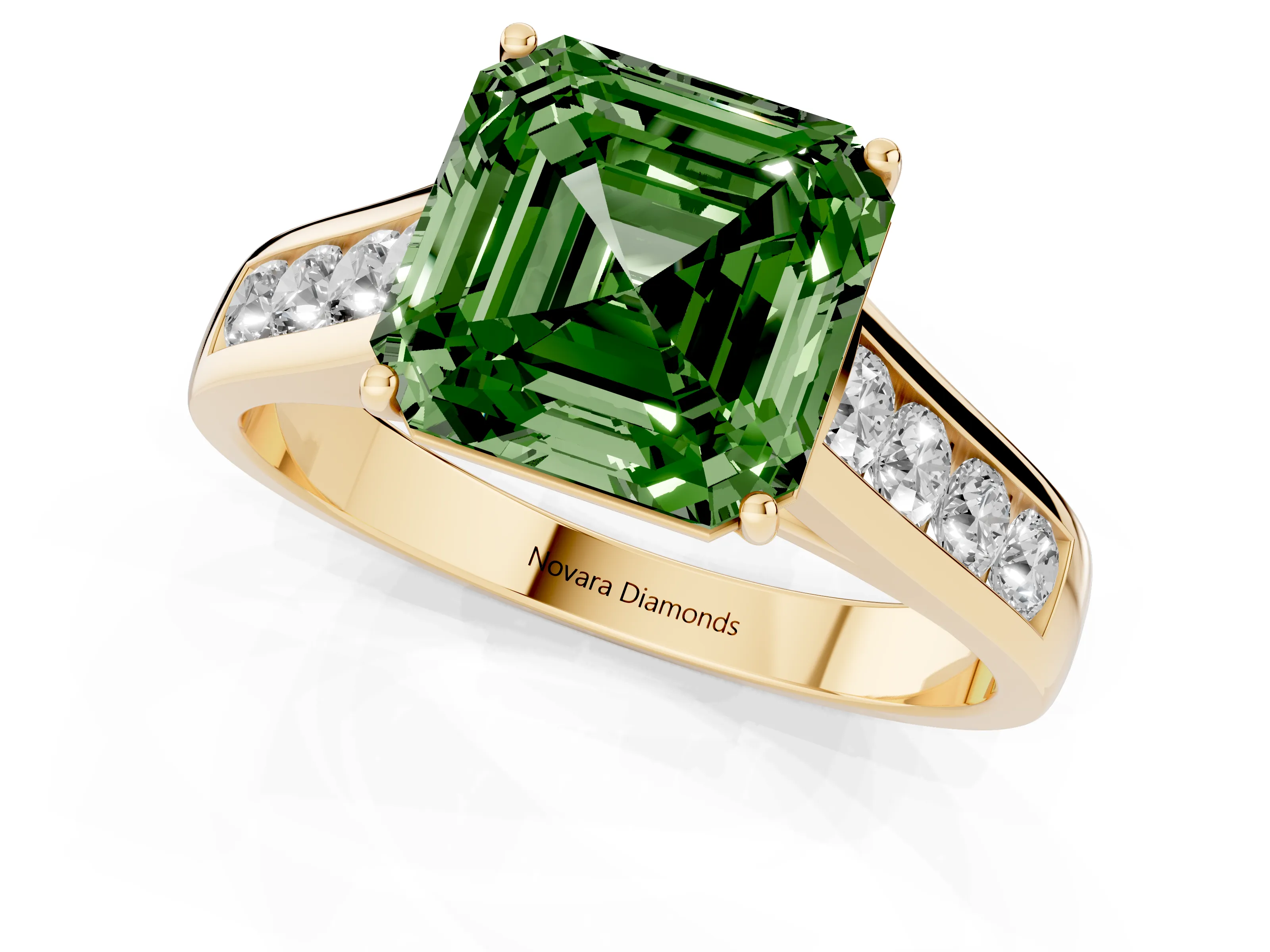 Fancy Green Asscher Cut Diamond Brilliant Channel-Set Solitaire Ring Set in Yellow gold with Prong Setting
