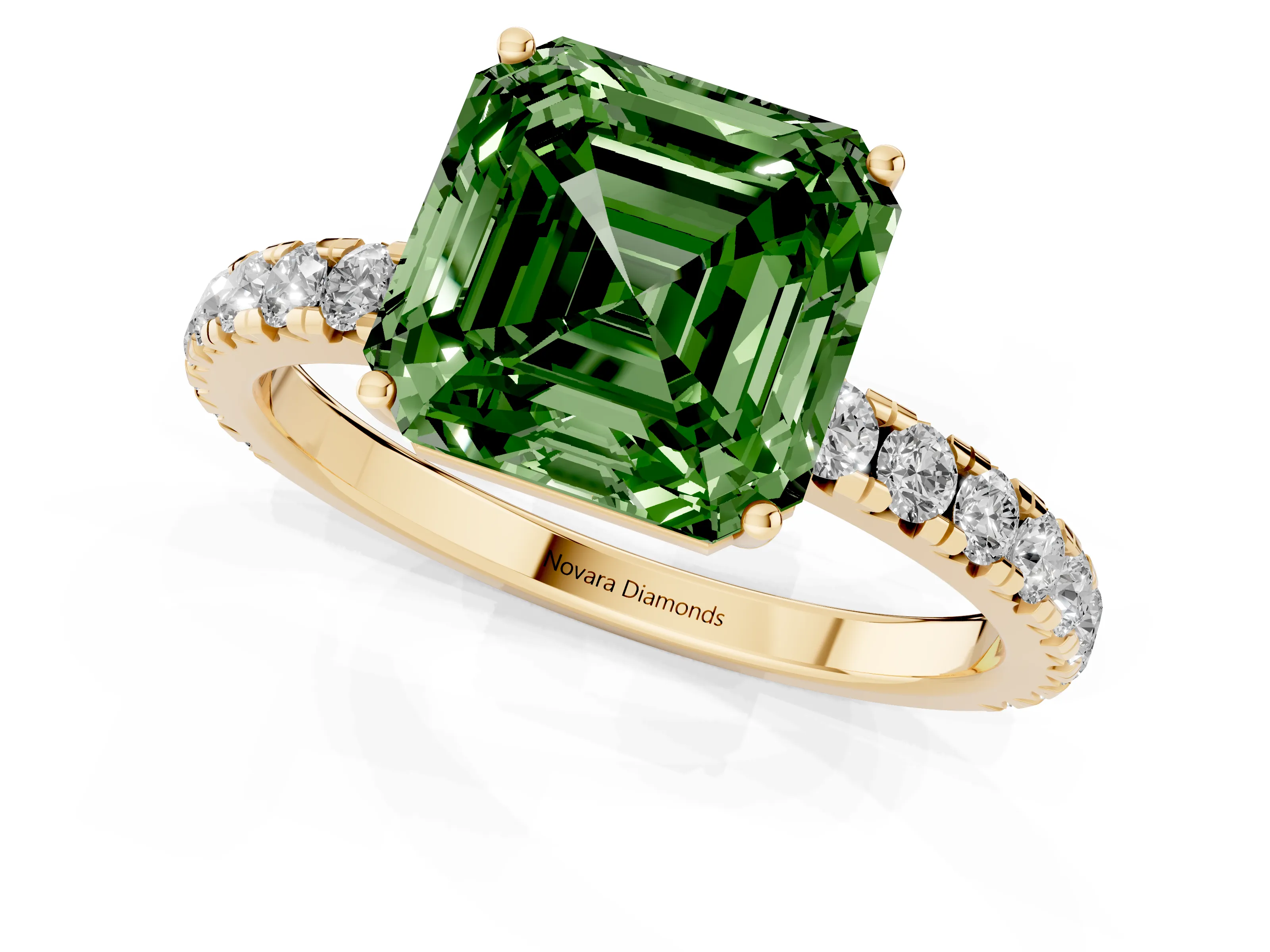 Fancy Green Asscher Cut Diamond Pavé Solitaire Engagement Ring Set in Yellow gold with Prong Setting