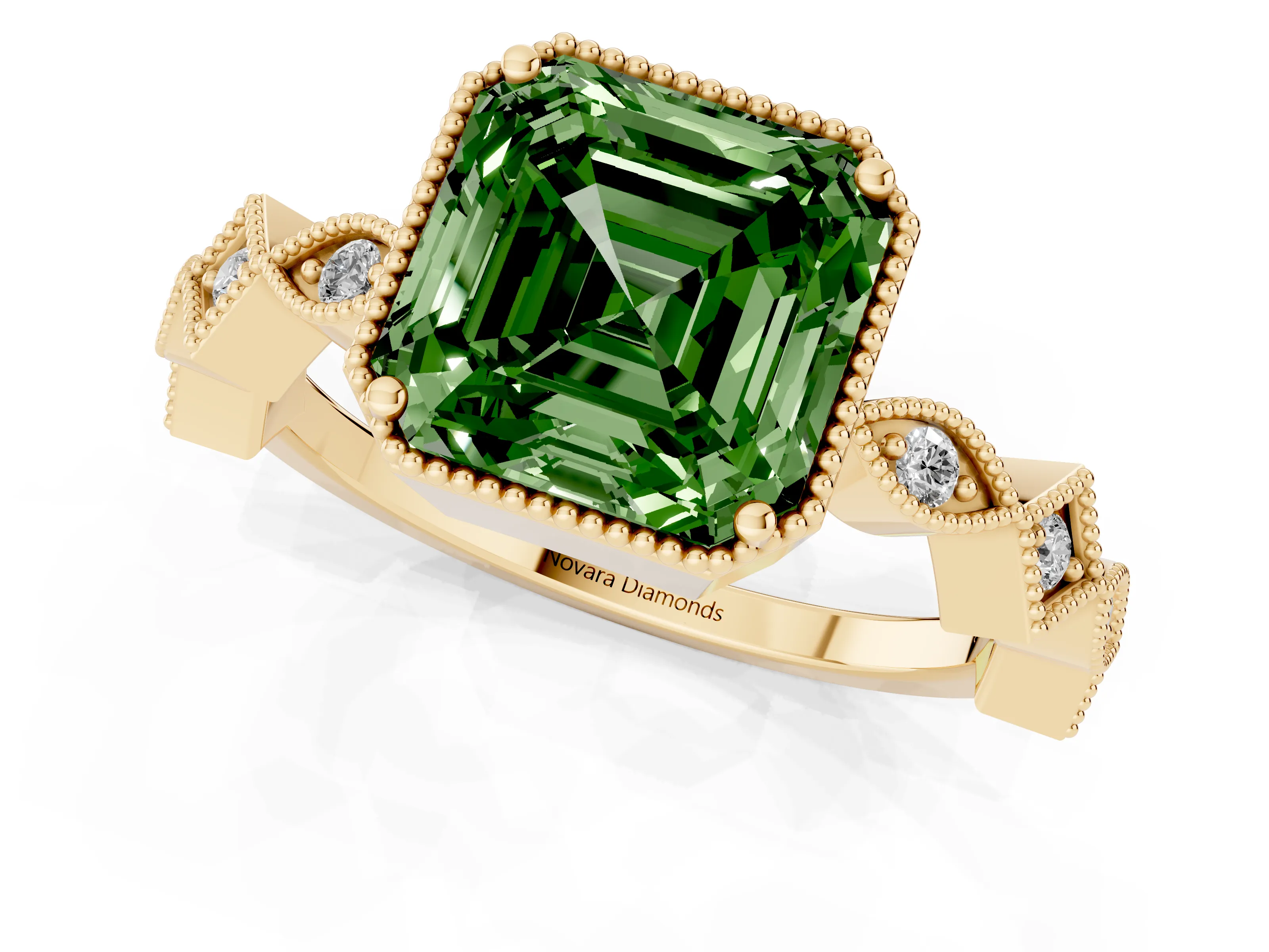 Fancy Green Asscher Cut Diamond Milgrain Marquise Twist Band Ring Set in Yellow gold with Prong Setting