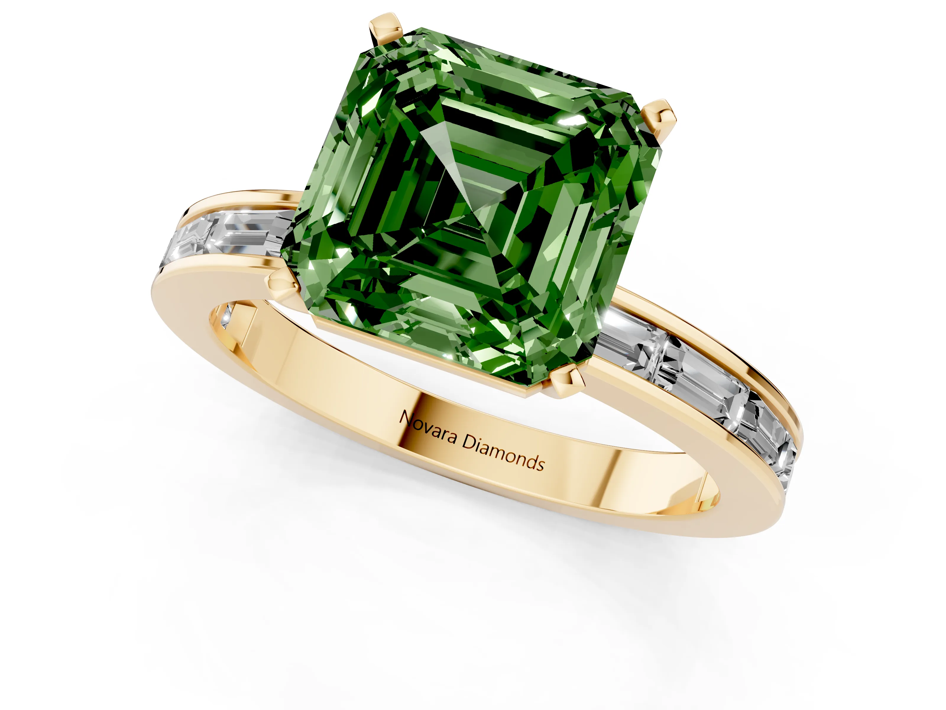 Fancy Green Asscher Cut Diamond Solitaire Ring Set in Yellow gold with Channel-Set Baguette Band and Prong Setting