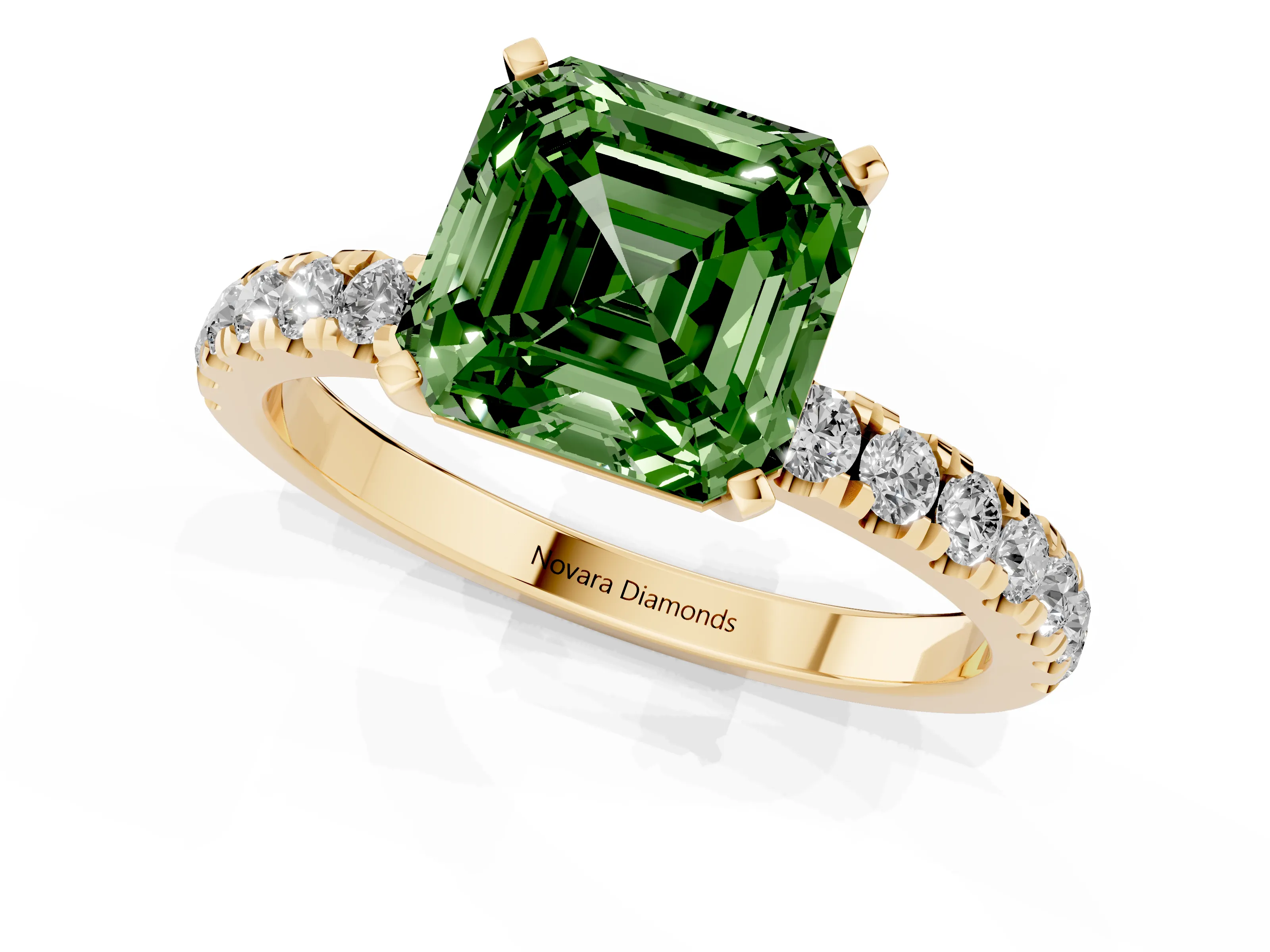 Fancy Green Asscher Cut Diamond Solitaire Ring Set in Yellow gold with Pavé Accents and Prong Setting