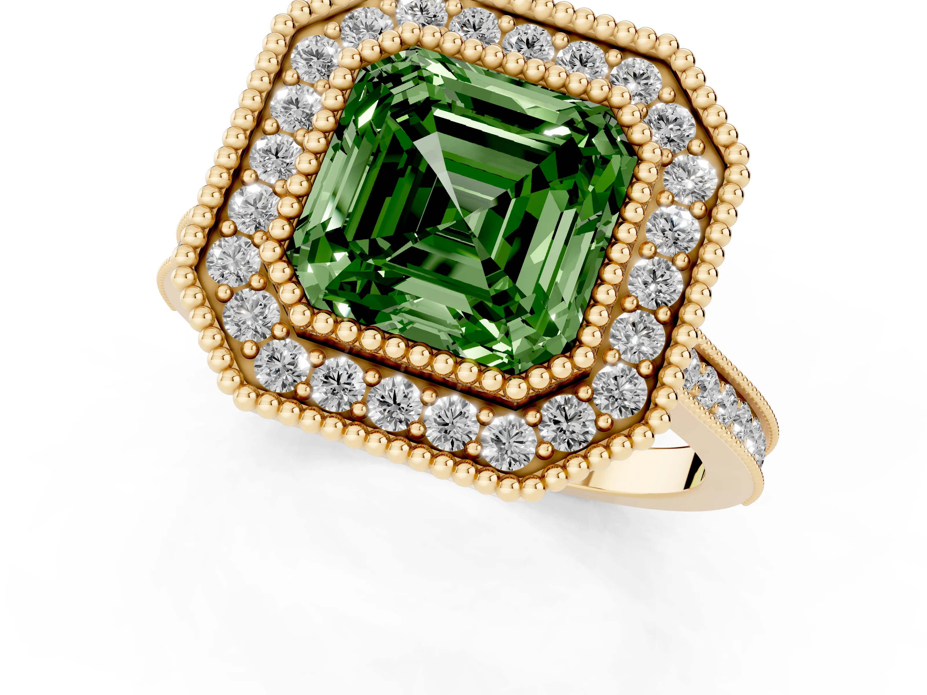 Fancy Green Asscher Cut Diamond Halo Ring Set in Yellow gold with Milgrain Frame and Pavé Band