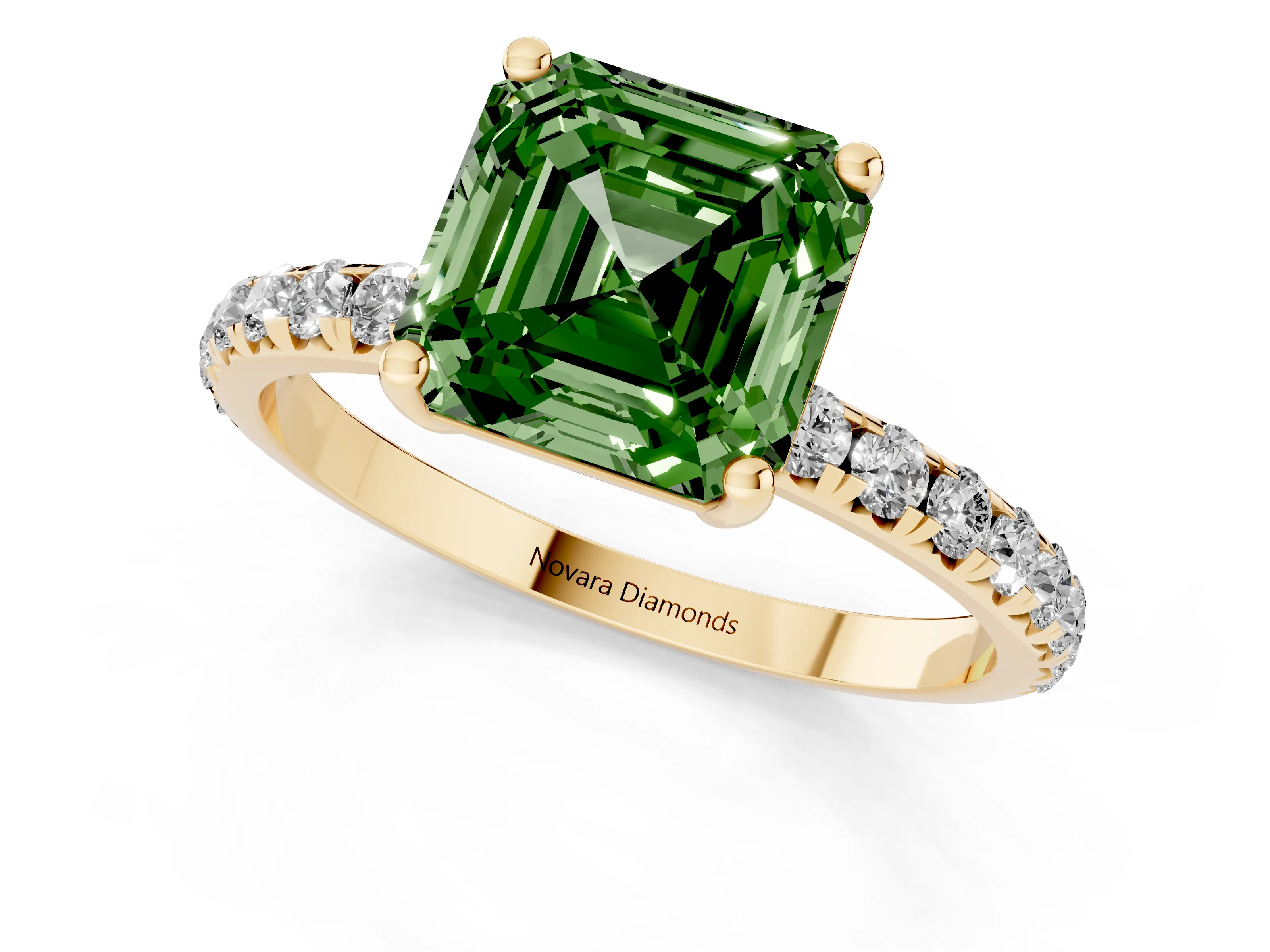Fancy Green Asscher Cut Diamond Solitaire Ring Set in Yellow gold with Micro Pavé Band and Prong Setting