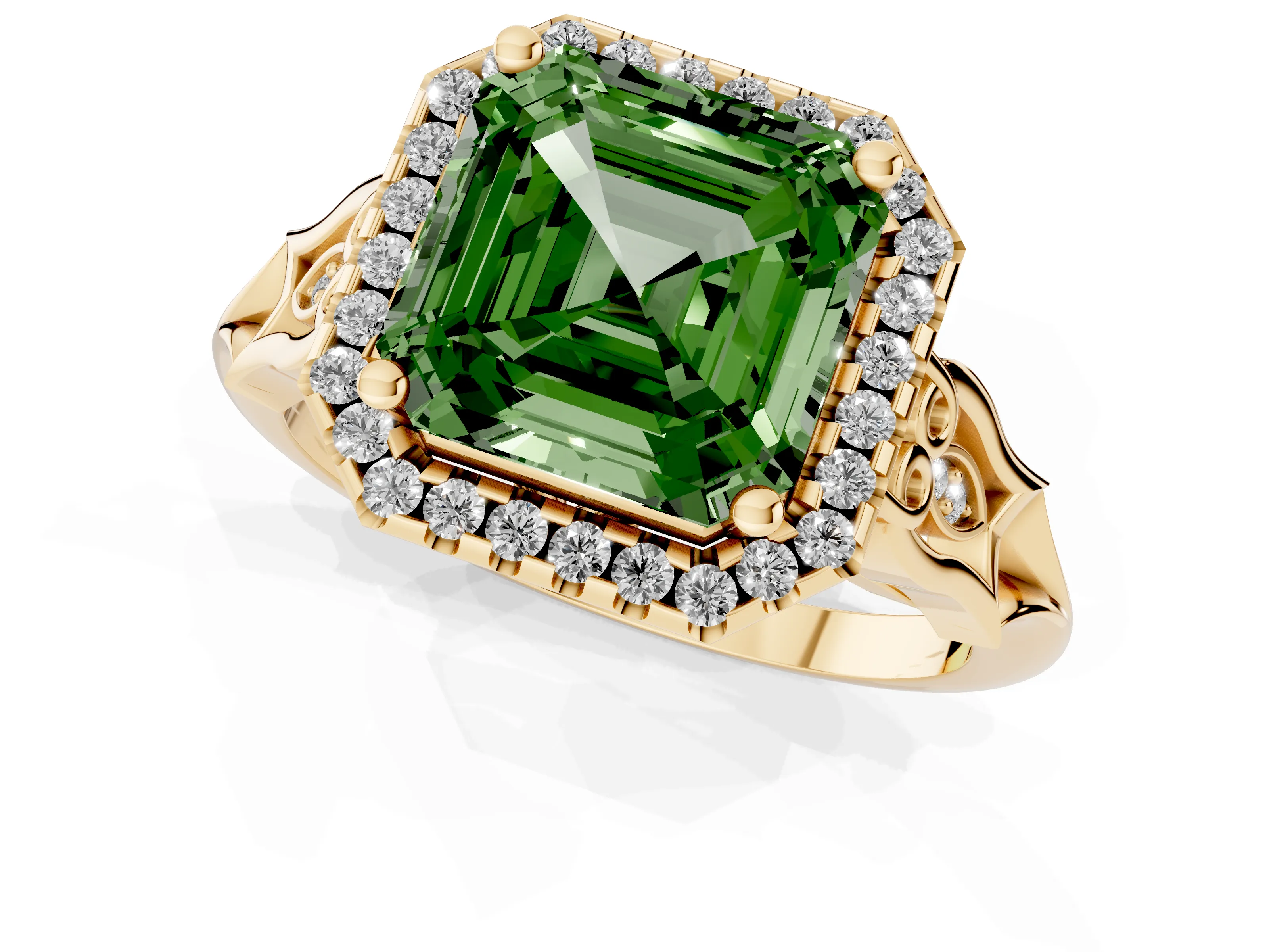 Fancy Green Asscher Cut Diamond Halo Engagement Ring Set in Yellow gold with Filigree Band and Prong-Set Center