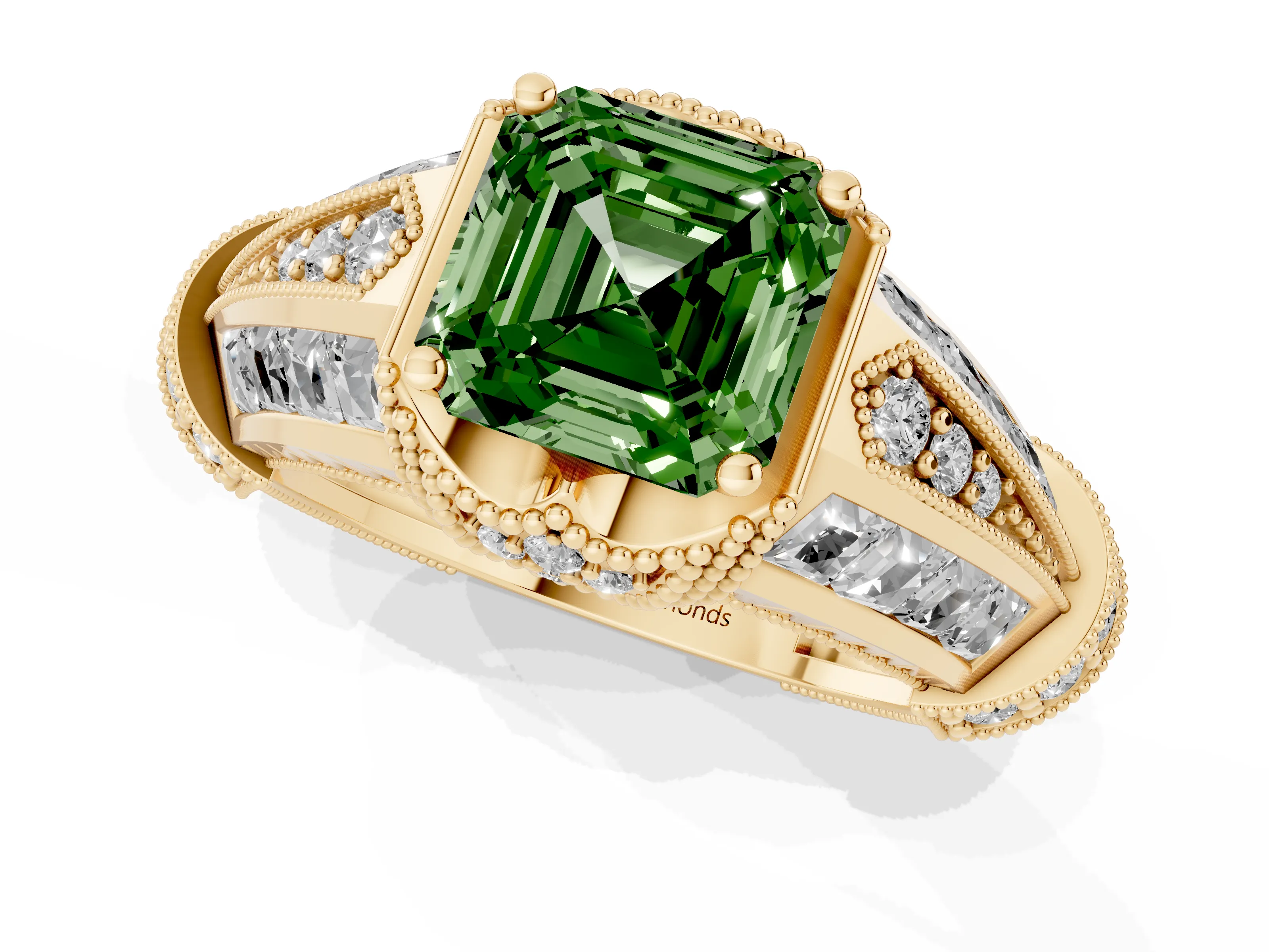 Fancy Green Asscher Cut Diamond Vintage-Inspired Milgrain Ring Set in Yellow gold with Accent Split Shank
