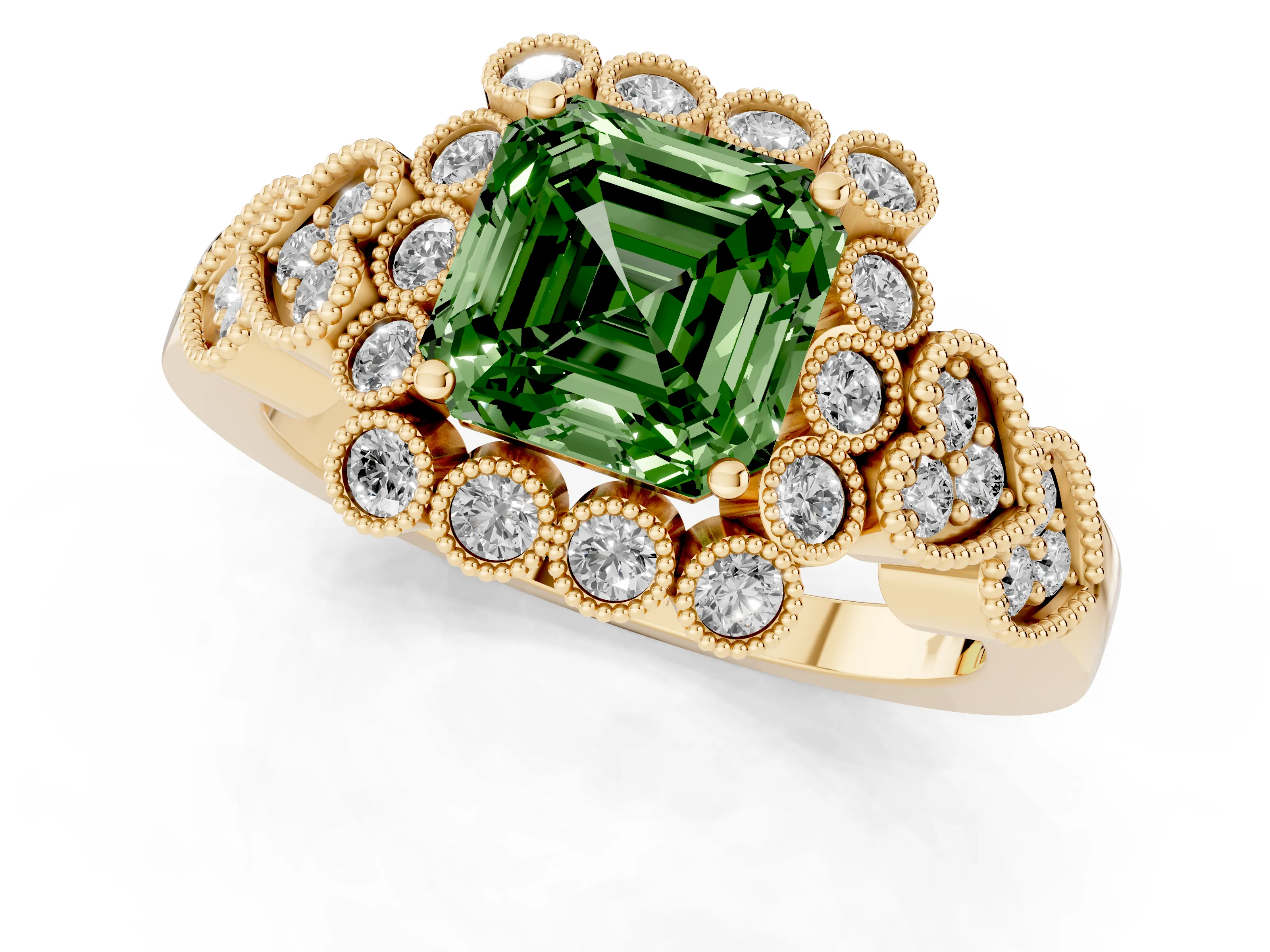 Fancy Green Asscher Cut Diamond Solitaire Ring Set in Yellow gold with Milgrain Pavé Heart Band
