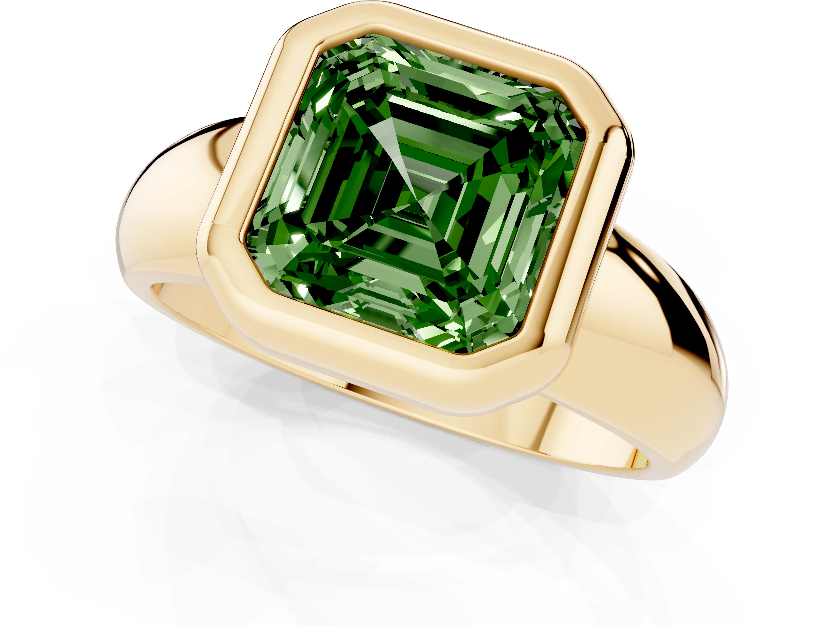 Fancy Green Bezel Set Asscher Cut Diamond Solitaire Ring Set in Yellow gold with Wide Band