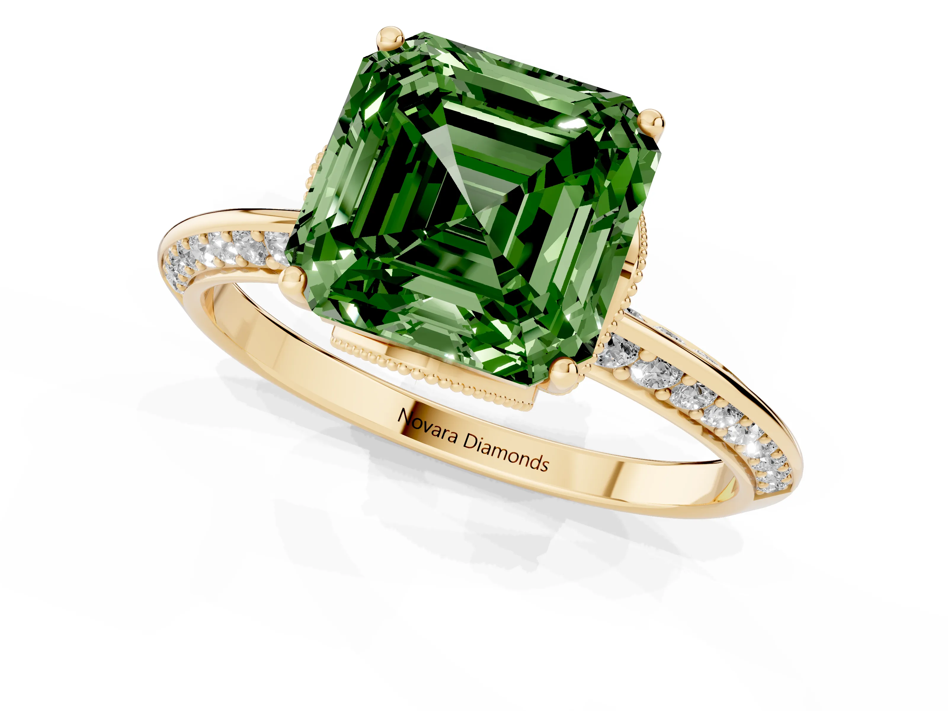 Fancy Green Asscher Cut Diamond Solitaire Engagement Ring Set in Yellow gold with Pavé Split Shank and Prong Setting
