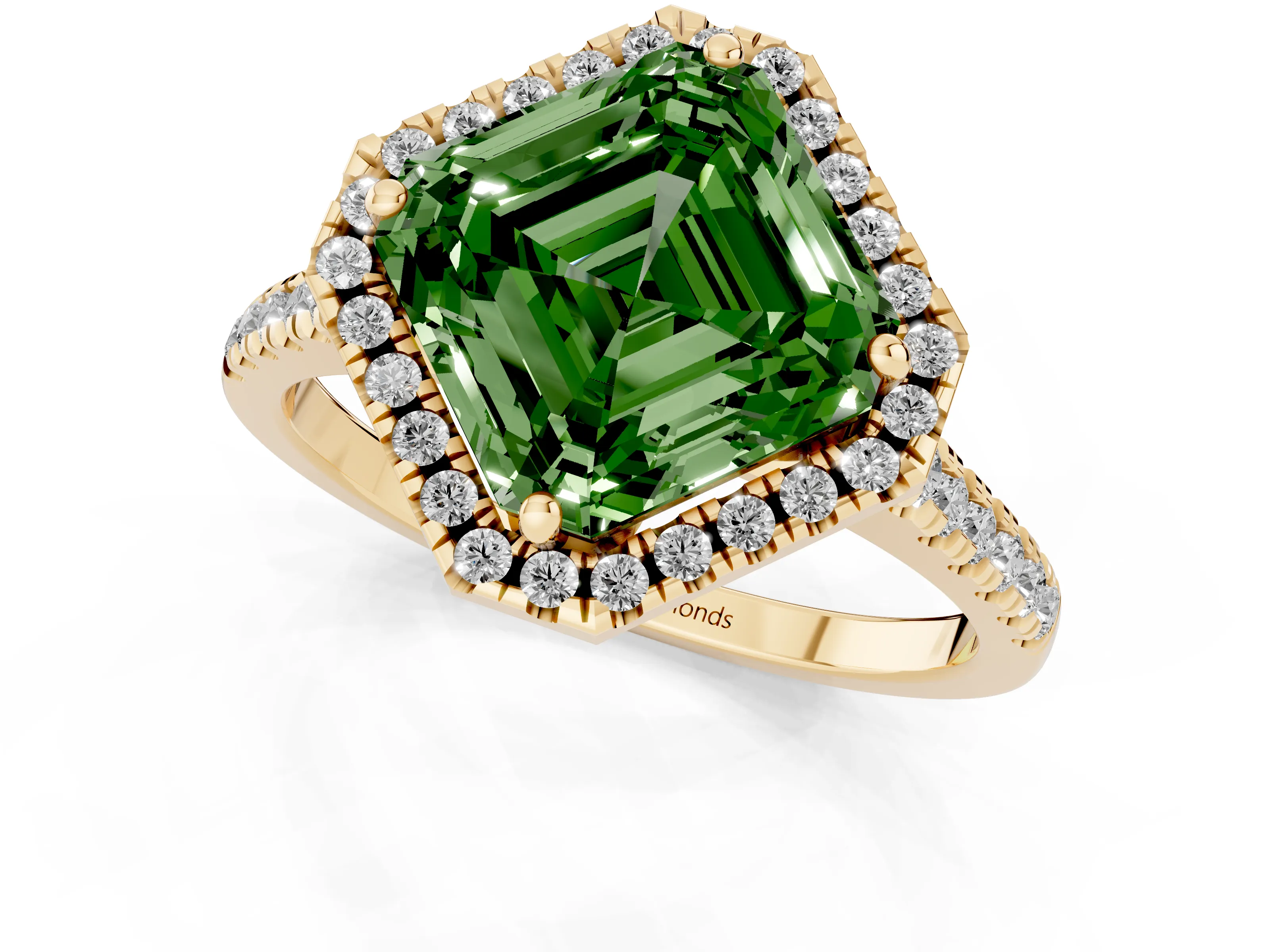Fancy Green Asscher Cut Diamond Cushion Halo Ring Set in Yellow gold with Pavé Band