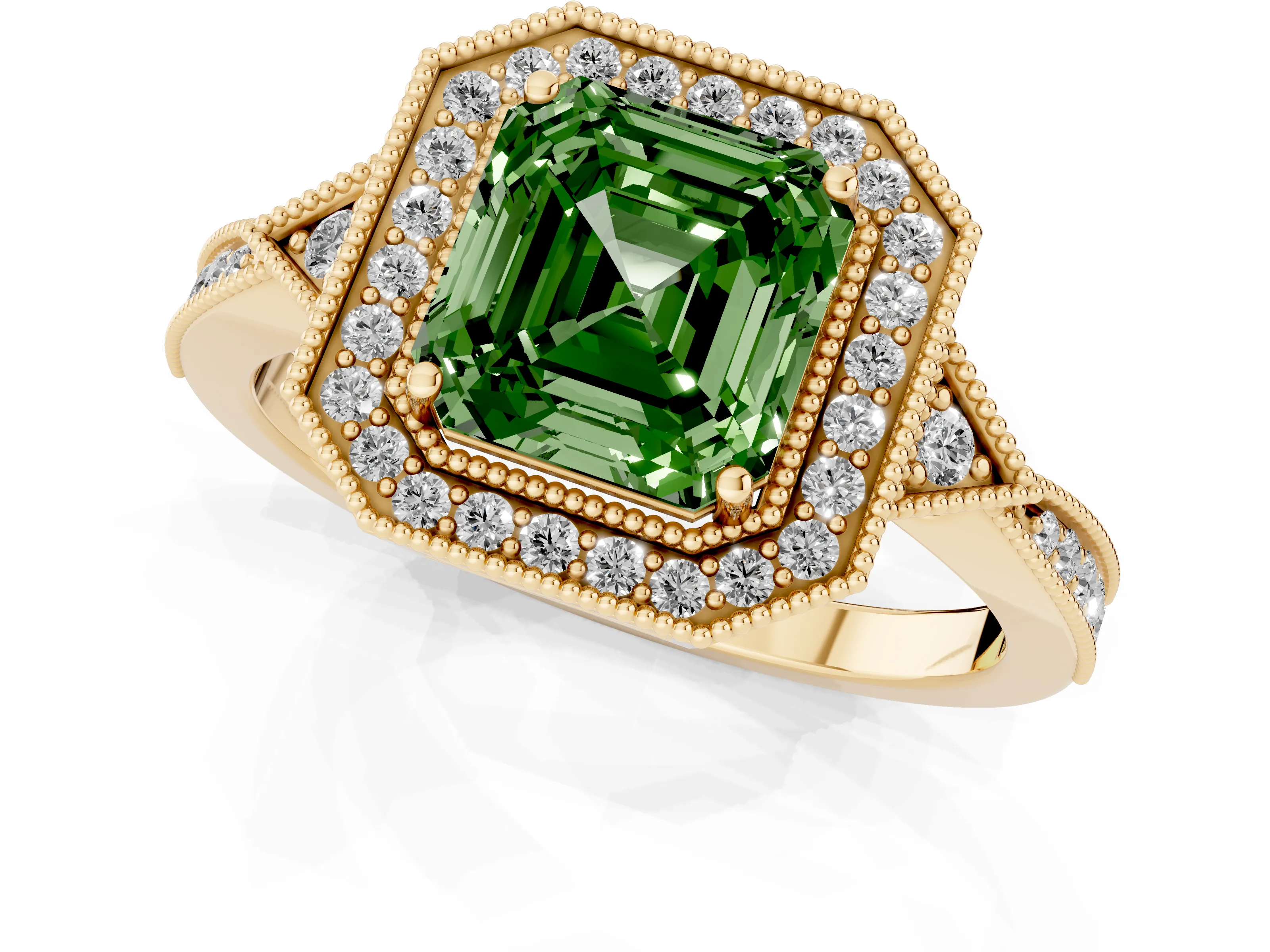 Fancy Green Asscher Cut Diamond Halo Engagement Ring Set in Yellow gold with Milgrain Pavé Band