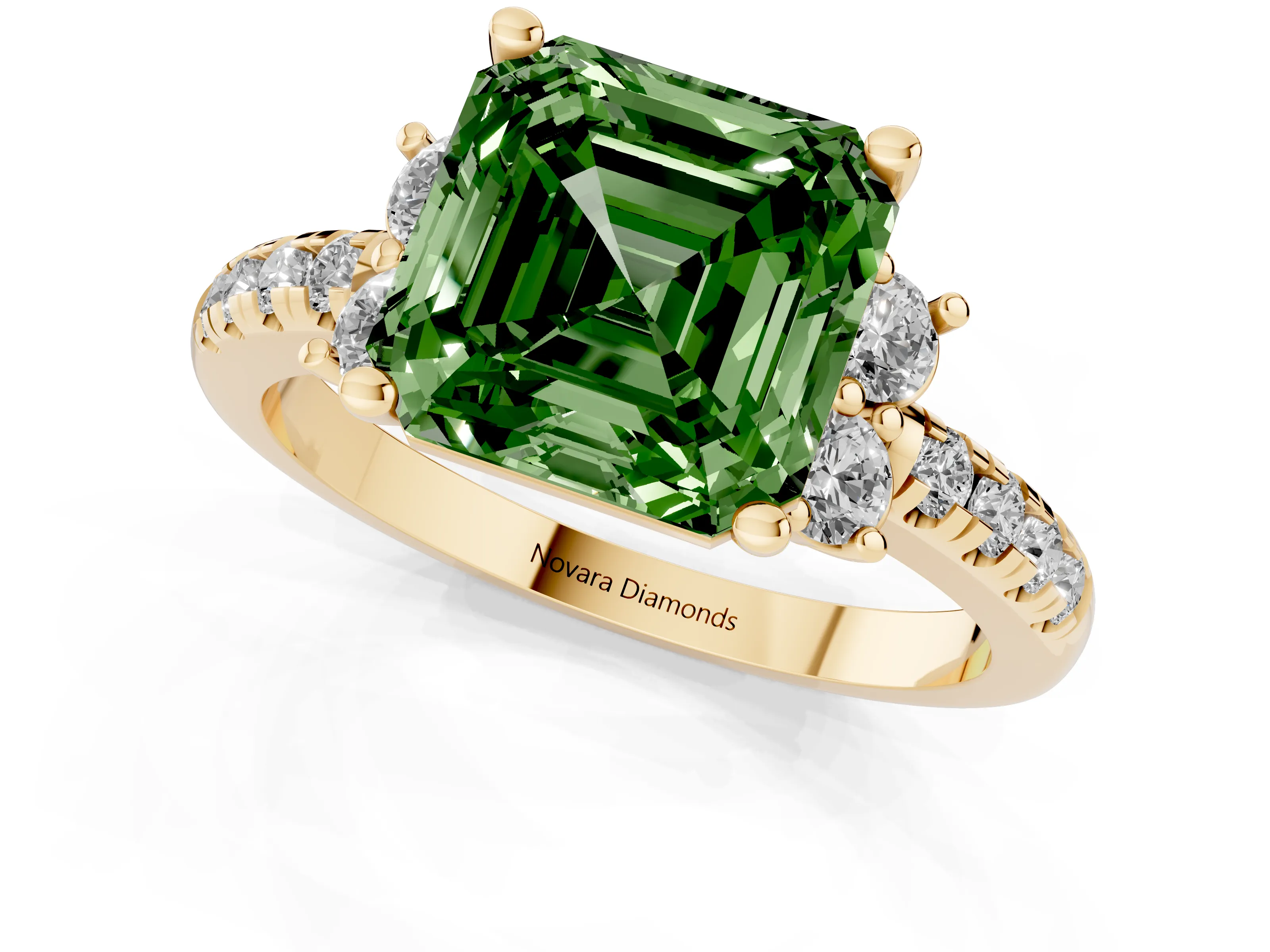 Fancy Green Asscher Cut Diamond Three-Stone Pavé Ring Set in Yellow gold with Prong Setting