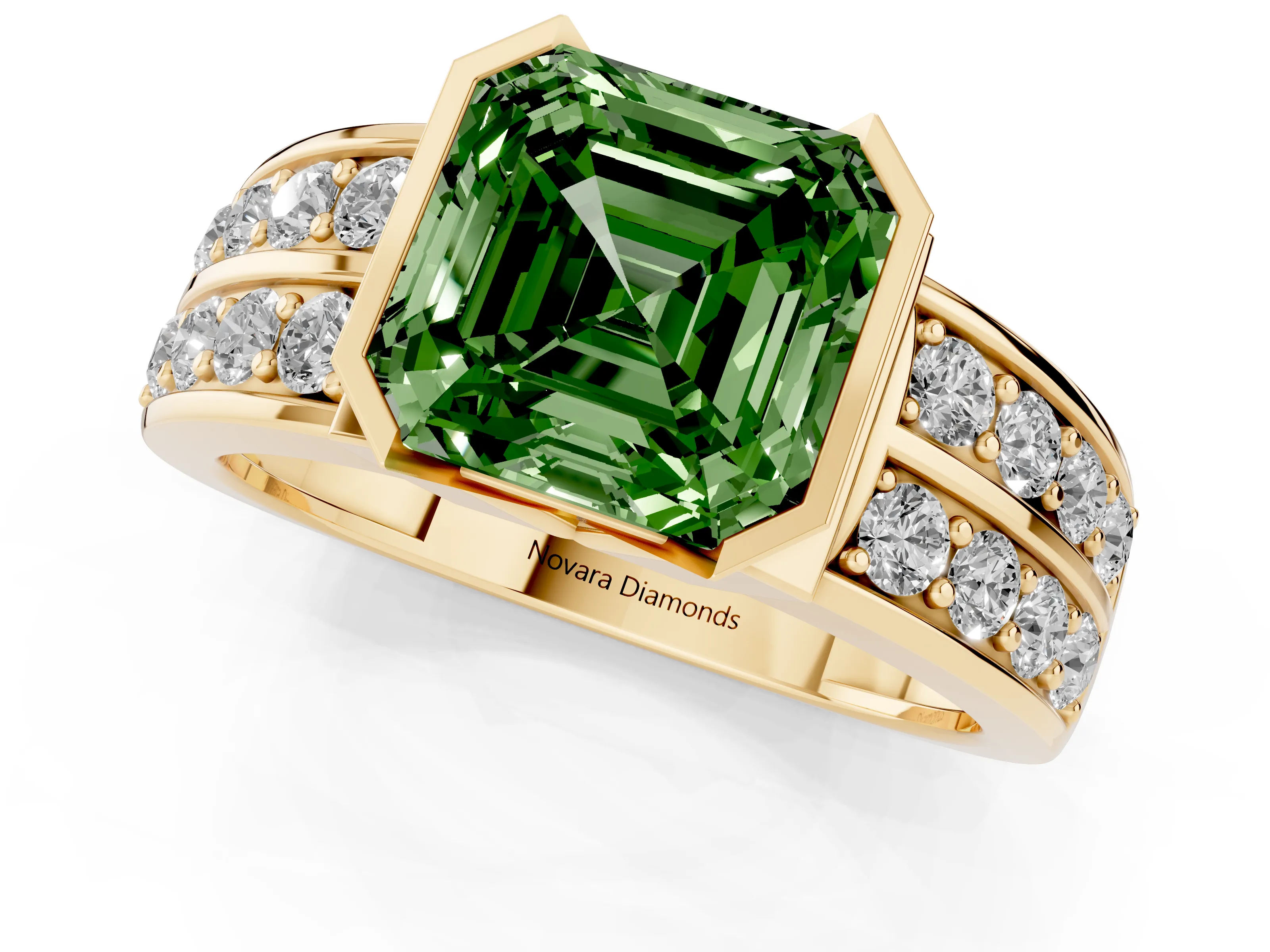 Fancy Green Asscher Cut Diamond Wide Channel Set Band Ring Set in Yellow gold with Bezel Setting